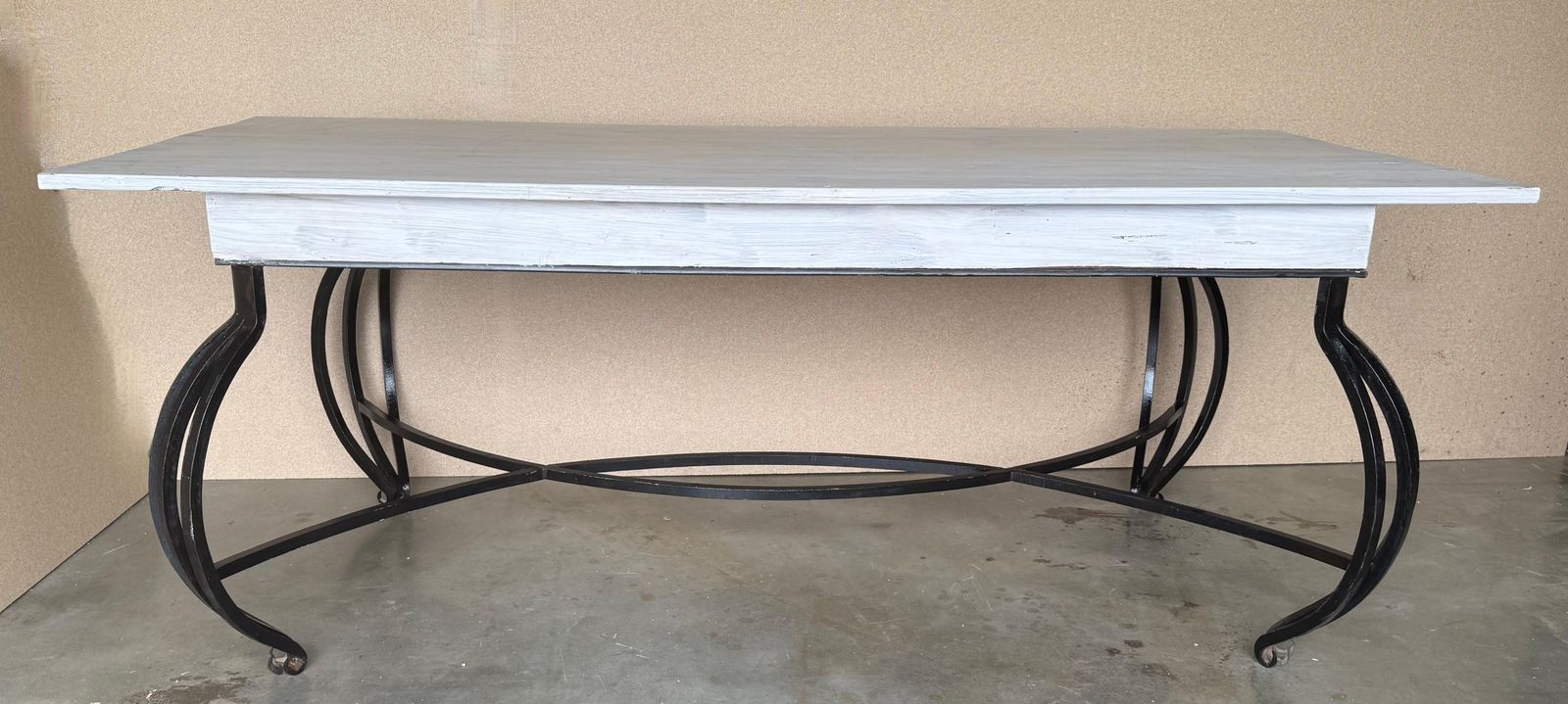 Dining Table With Large White Wood Top And Solid Forged Iron Curved Legs photo for sale