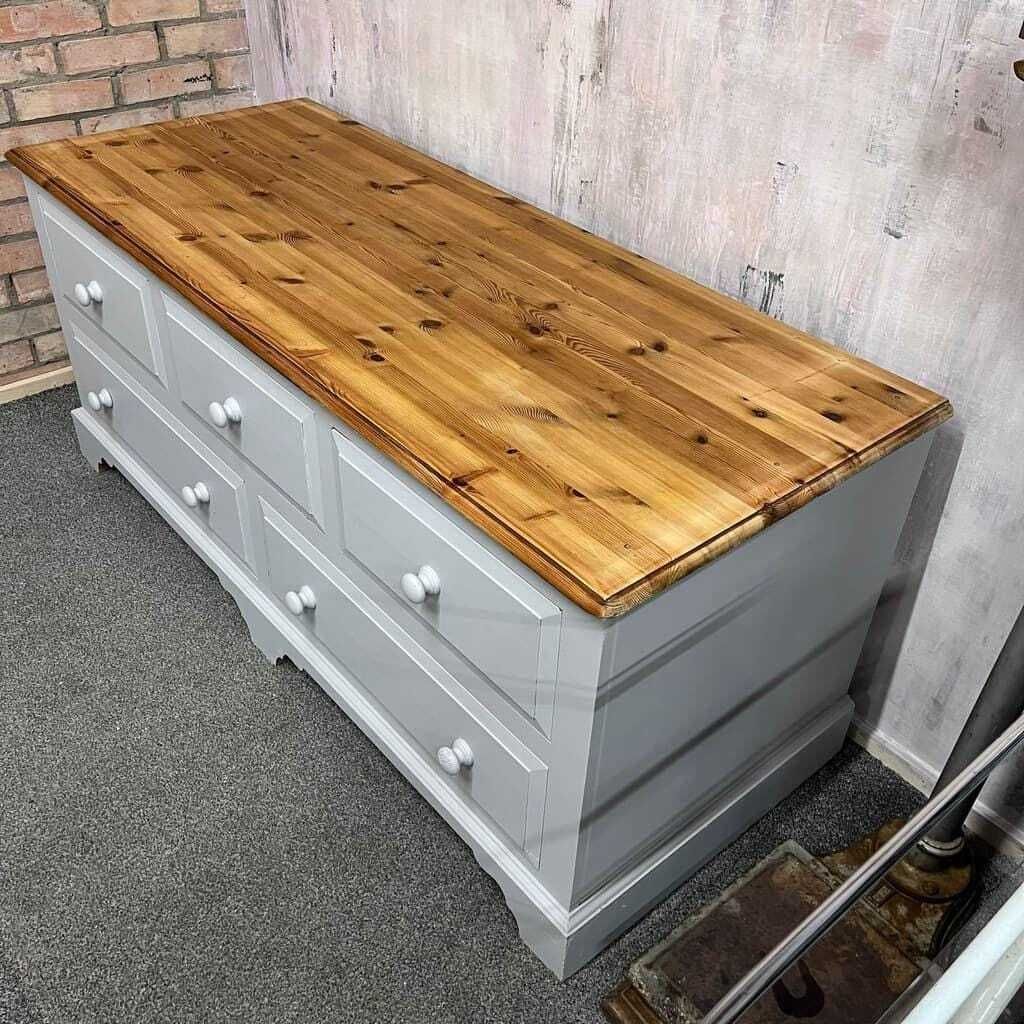 Modern Painted Long Pine Sideboard 5 Drawers Pale Grey Sanded Top Knob Handles photo Furniture