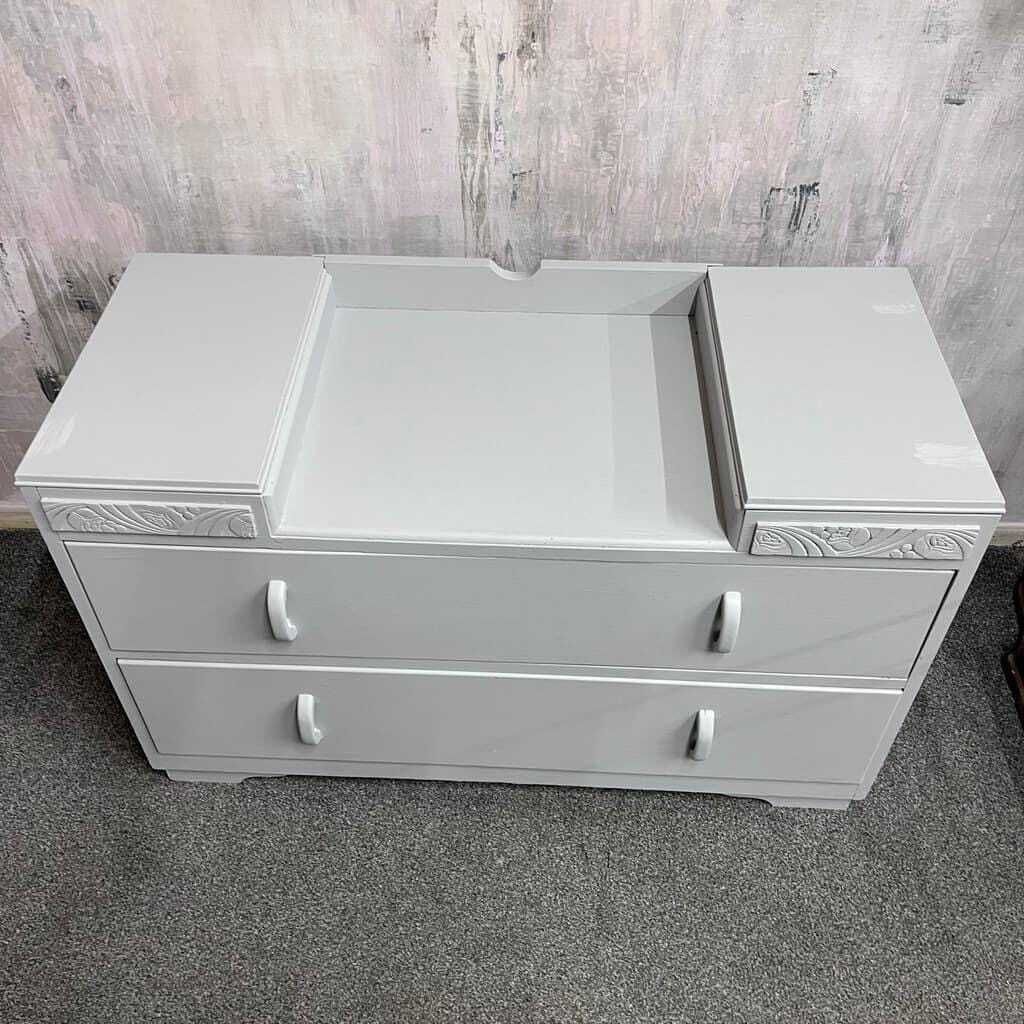 1950s Painted Dark Wood Dressing Table With 2 Drawers Pale Grey photo for sale