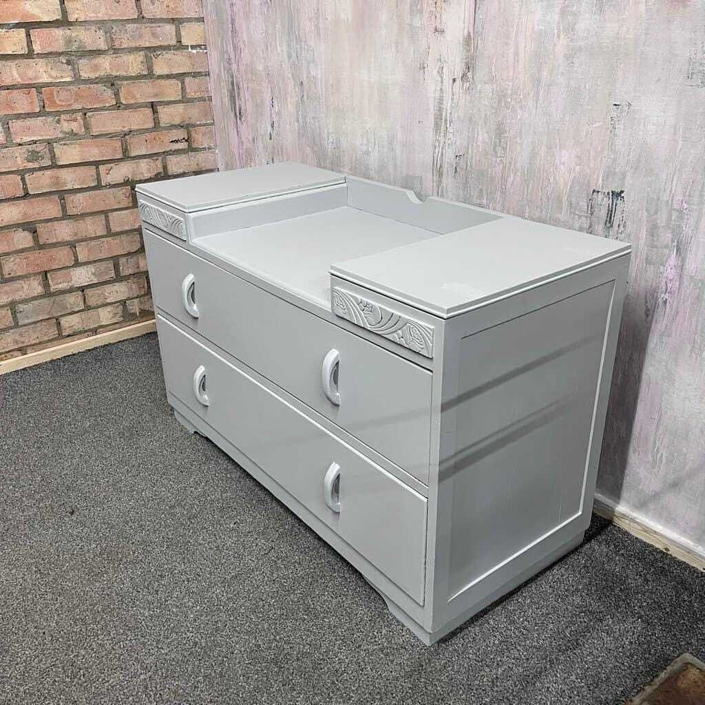 1950s Painted Dark Wood Dressing Table With 2 Drawers Pale Grey photo Furniture