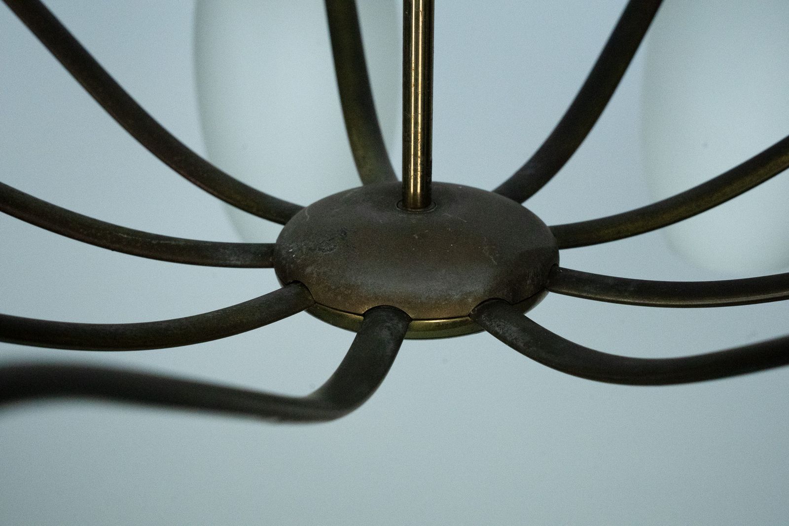 Rare Arredoluce Monza, 9 Light Brass And Opaline Glass Chandelier, Italy 1950s photo vinterior