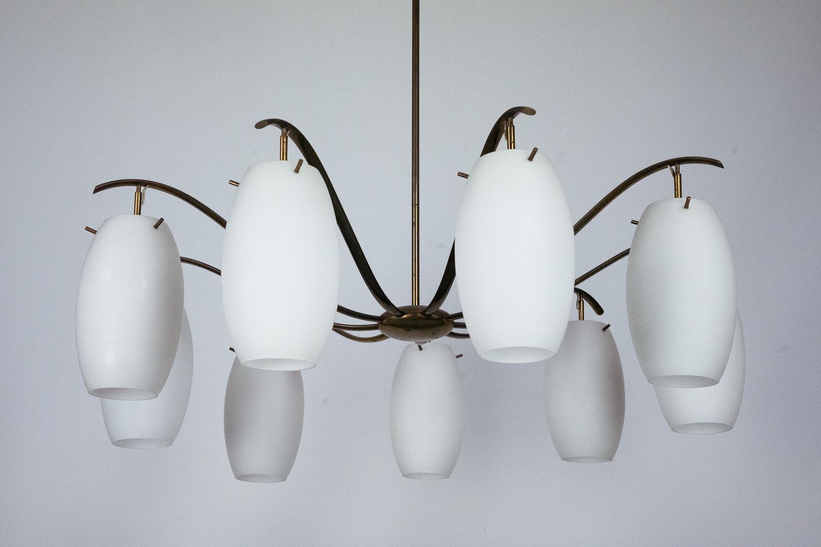 photo for sale Rare Arredoluce Monza, 9 Light Brass And Opaline Glass Chandelier, Italy 1950s