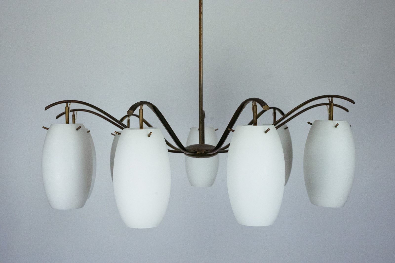 photo buy Rare Arredoluce Monza, 9 Light Brass And Opaline Glass Chandelier, Italy 1950s