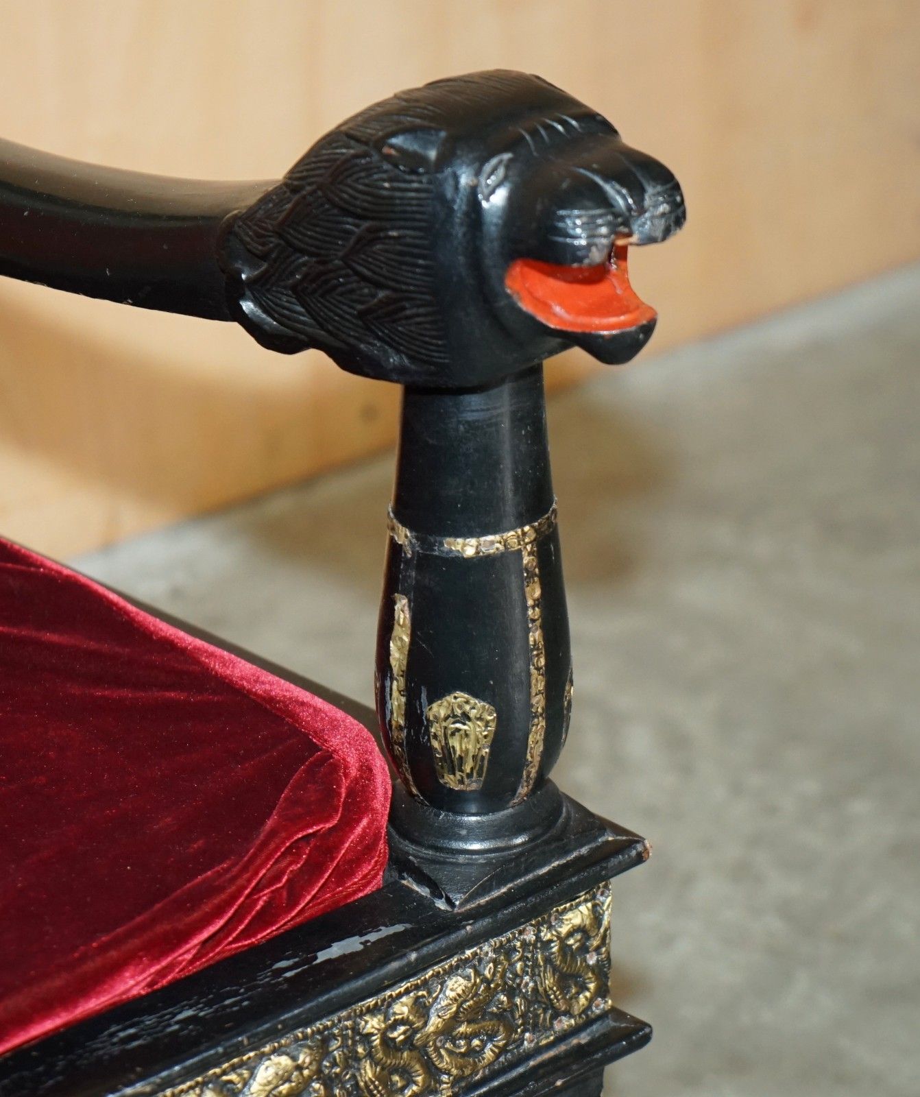 Furniture Vintage Repouse Metal Indian Circa 1950's Ebonised Panther Head Armchair photo