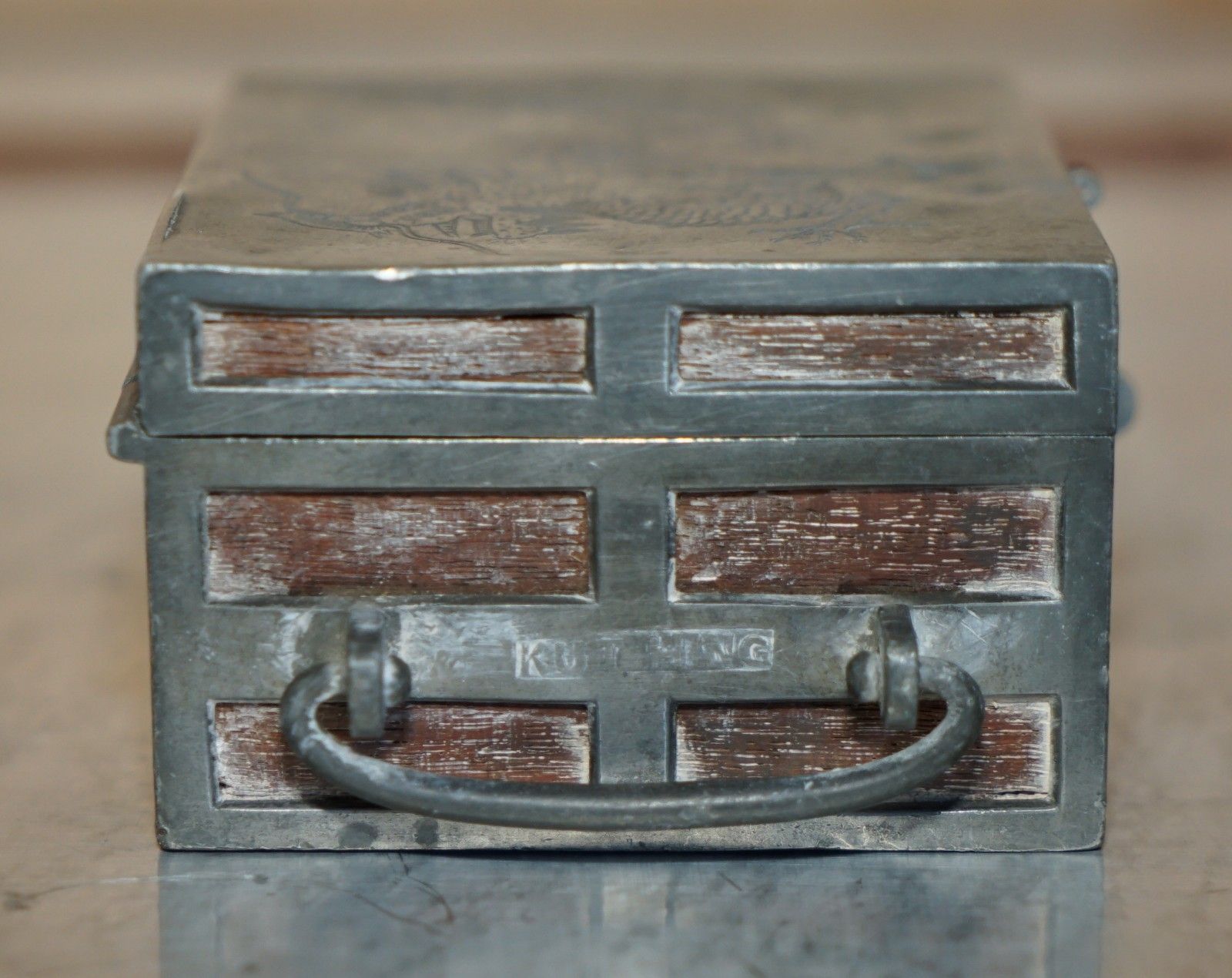 Antique Circa 1920 Chinese Kut Hing Pewter & Wood Carved Dragon Jewellery Box photo vintage