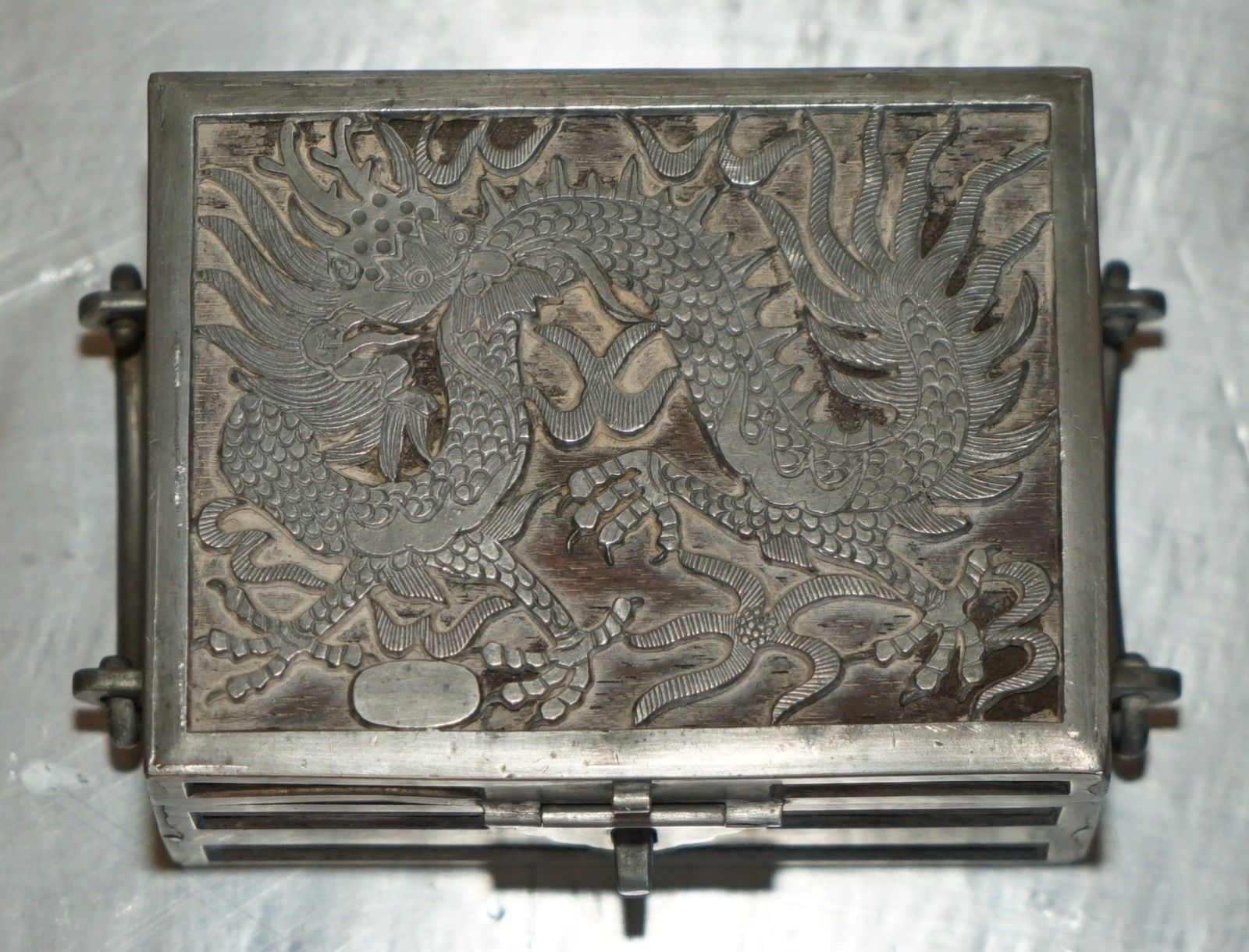 Antique Circa 1900 Chinese Kut Hing Pewter & Wood Carved Dragon Jewellery Box photo Home Decor
