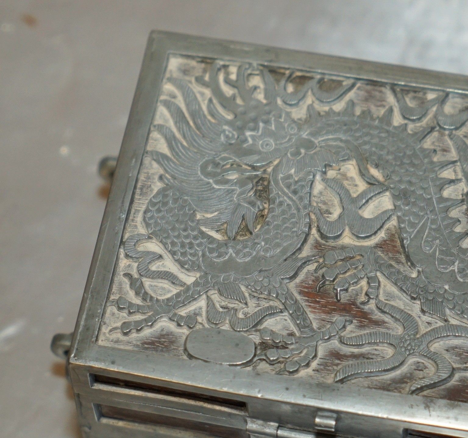 Antique Circa 1900 Chinese Kut Hing Pewter & Wood Carved Dragon Jewellery Box photo 245.0