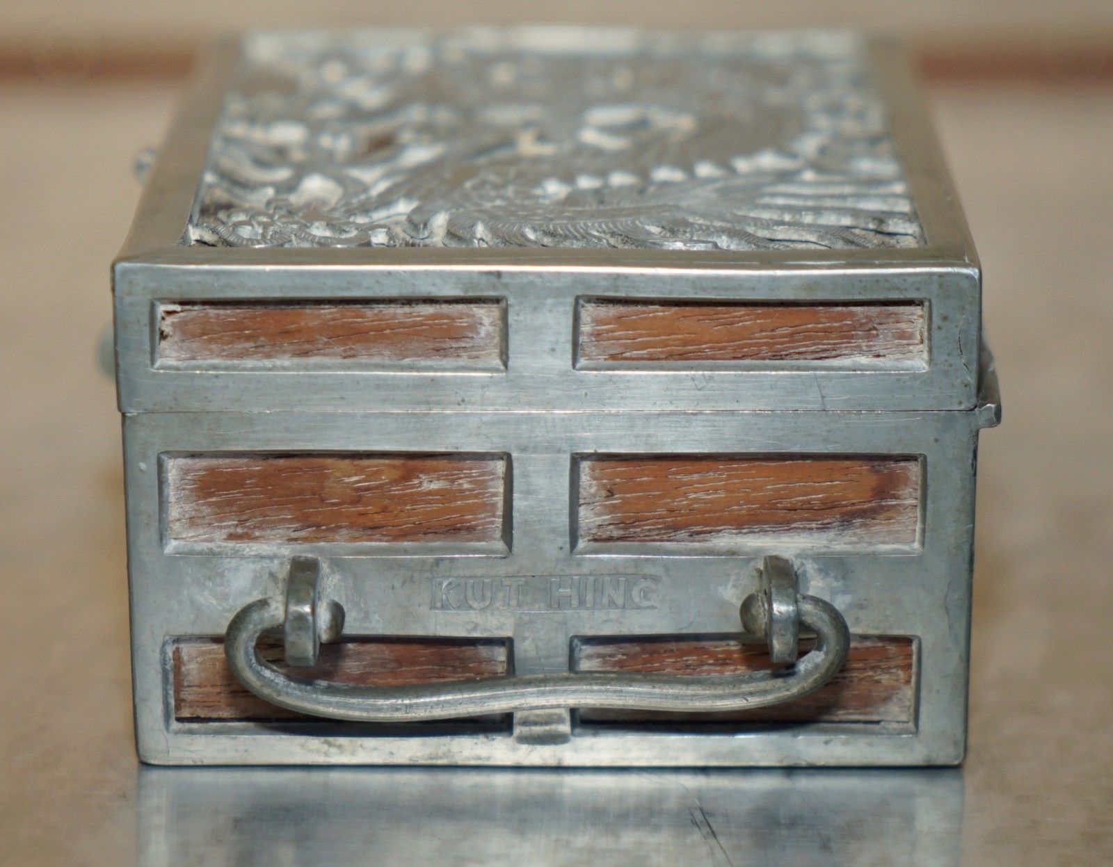 Home Decor Antique Circa 1900 Chinese Kut Hing Pewter & Wood Carved Dragon Jewellery Box photo