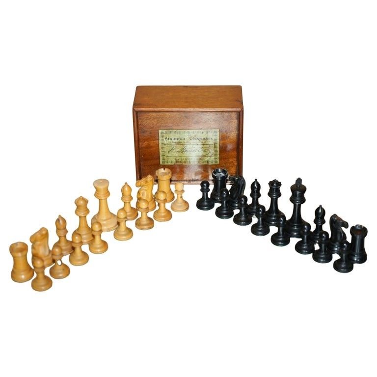 Antique Victorian Jacque Staunton Chessman Stamped Chess Set In Original Box