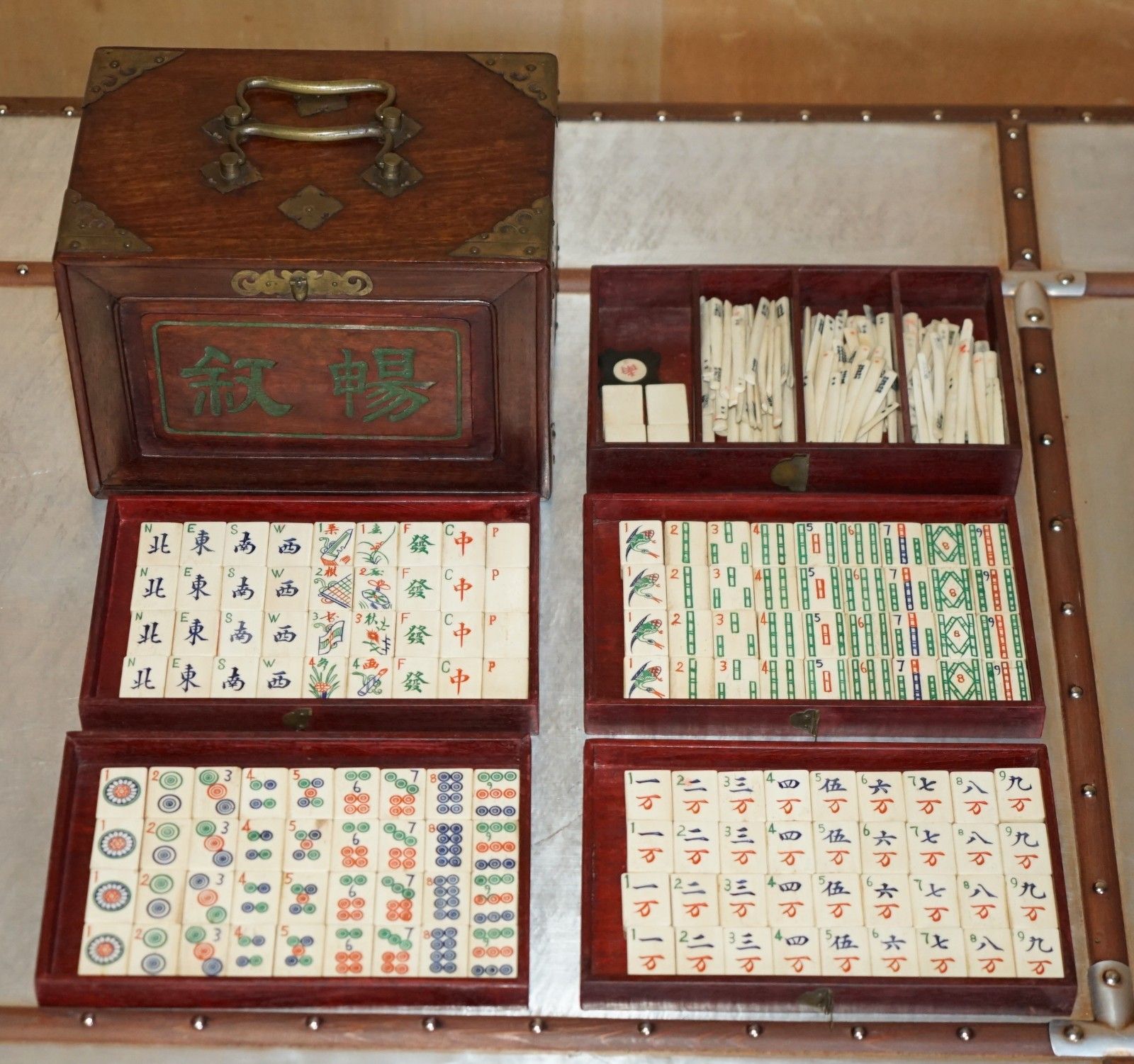 Antique Collectable Mahjong Circa 1920's Chinese Export Period Hand Carved Case photo furniture