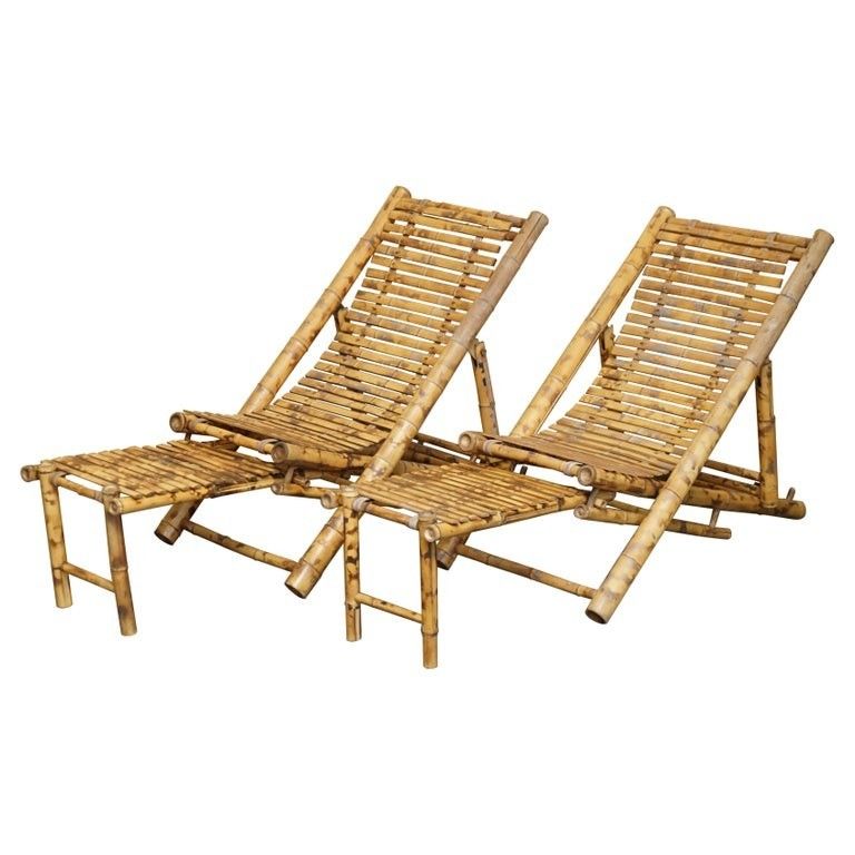 Pair Of Mid Century Modern Cir 1950 Bamboo Reclining Sling Armchairs & Footstool