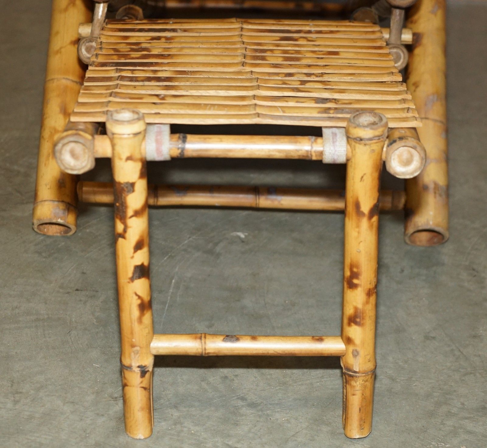 Pair Of Mid Century Modern Cir 1950 Bamboo Reclining Sling Armchairs & Footstool photo vinterior