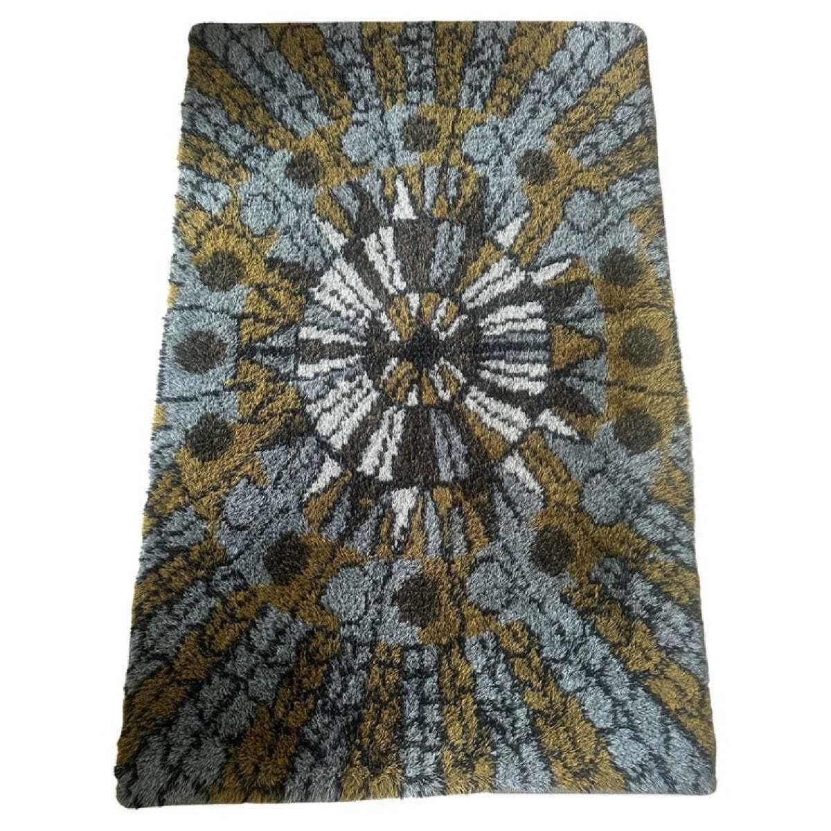 1960s Vintage Mid Century Scandinavian Rya Shagpile "Sun Dial" Knotted Wool Rug