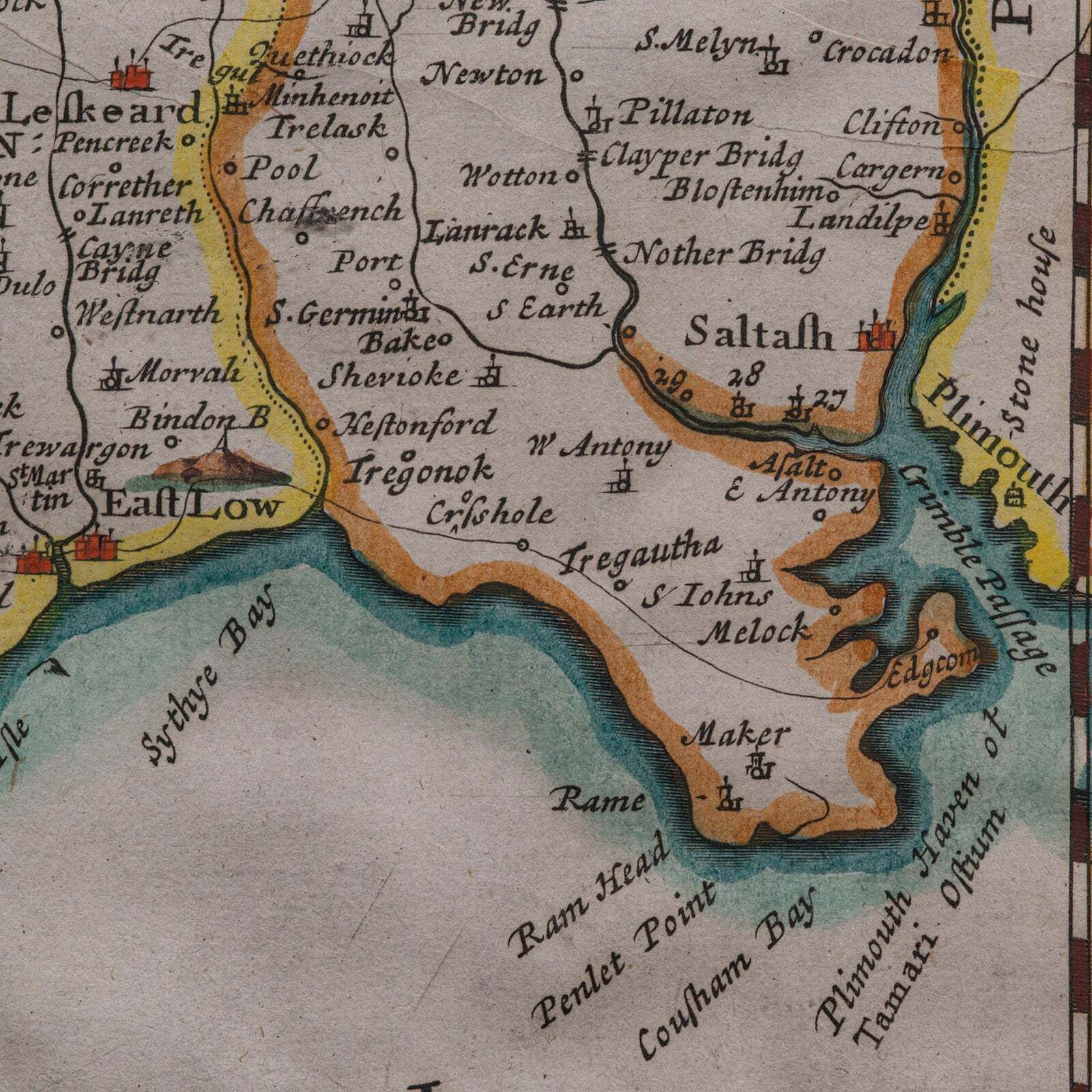 Art Antique County Map, Cornwall, Kernow, English, Framed, Robert Morden, Georgian photo