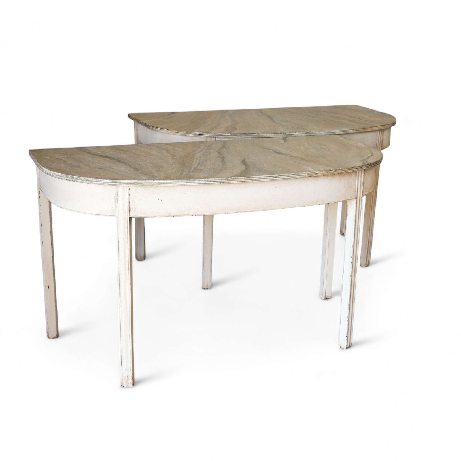 Pair Of Georgian Demi Lune Console Tables   Hand Painted Faux Marble Tops Marlborough Legs