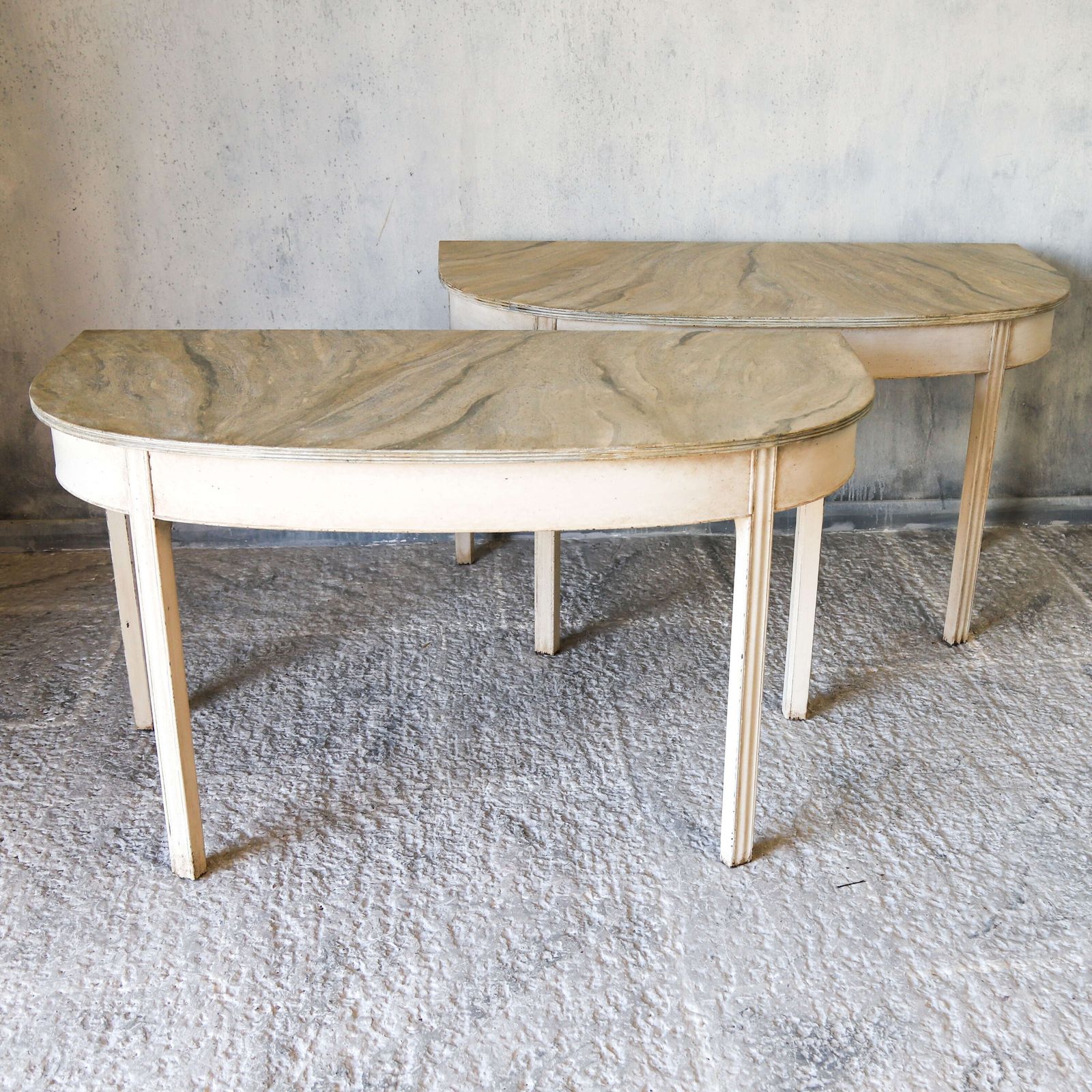 Pair Of Georgian Demi Lune Console Tables   Hand Painted Faux Marble Tops Marlborough Legs photo Furniture