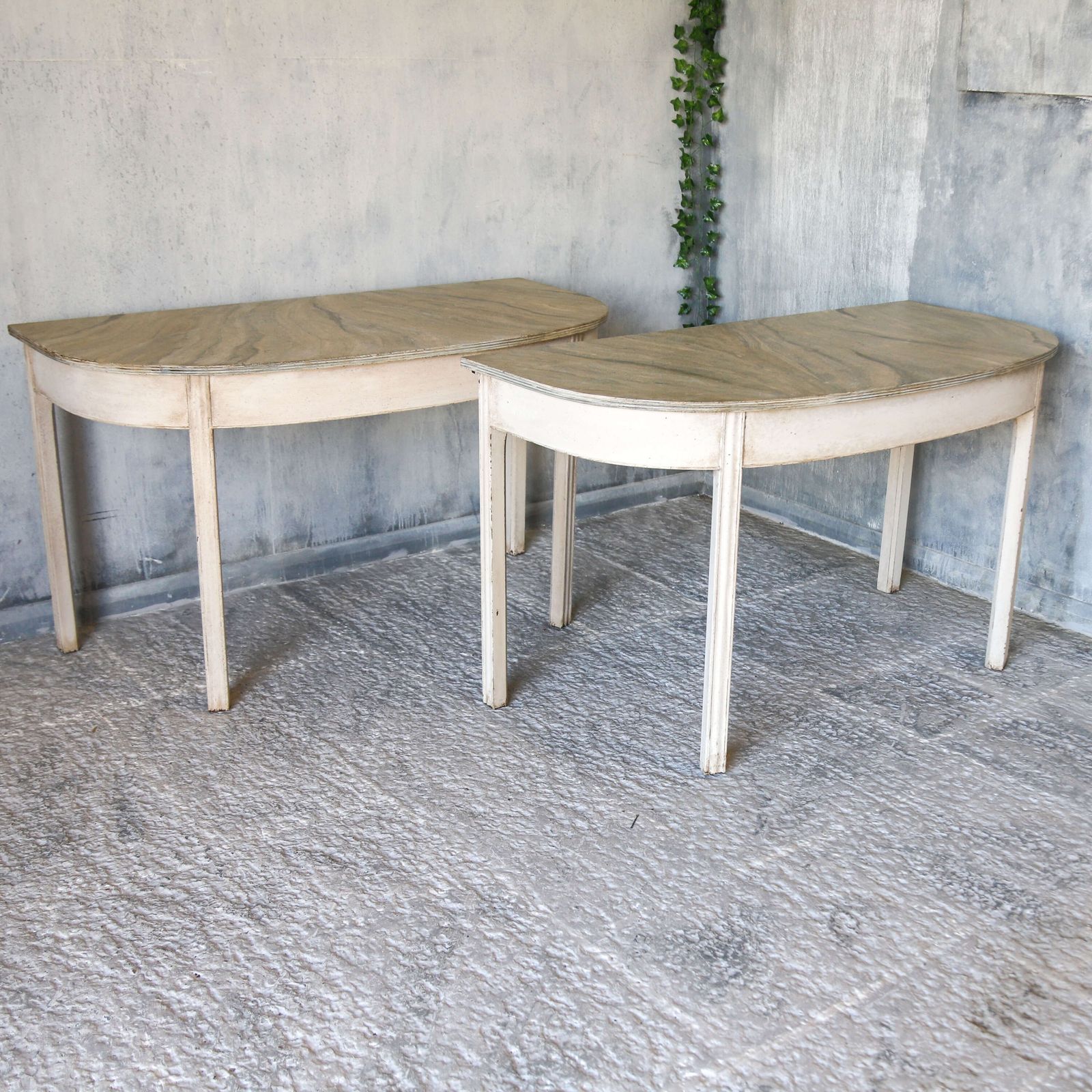 Pair Of Georgian Demi Lune Console Tables   Hand Painted Faux Marble Tops Marlborough Legs photo 1150.0