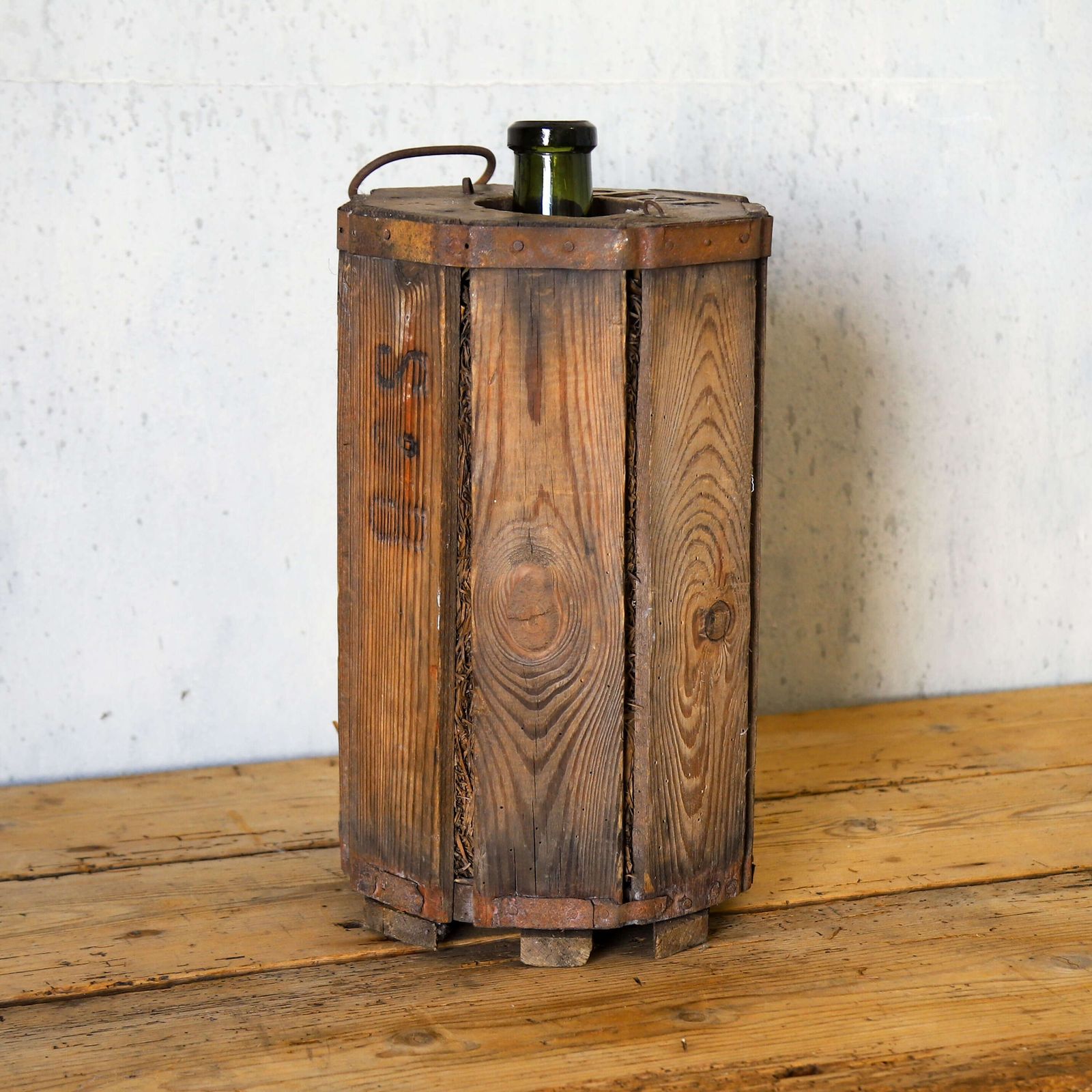Rustic Early 20th Century French Vineyard Glass Decanter   Original Wooden Casing photo furniture