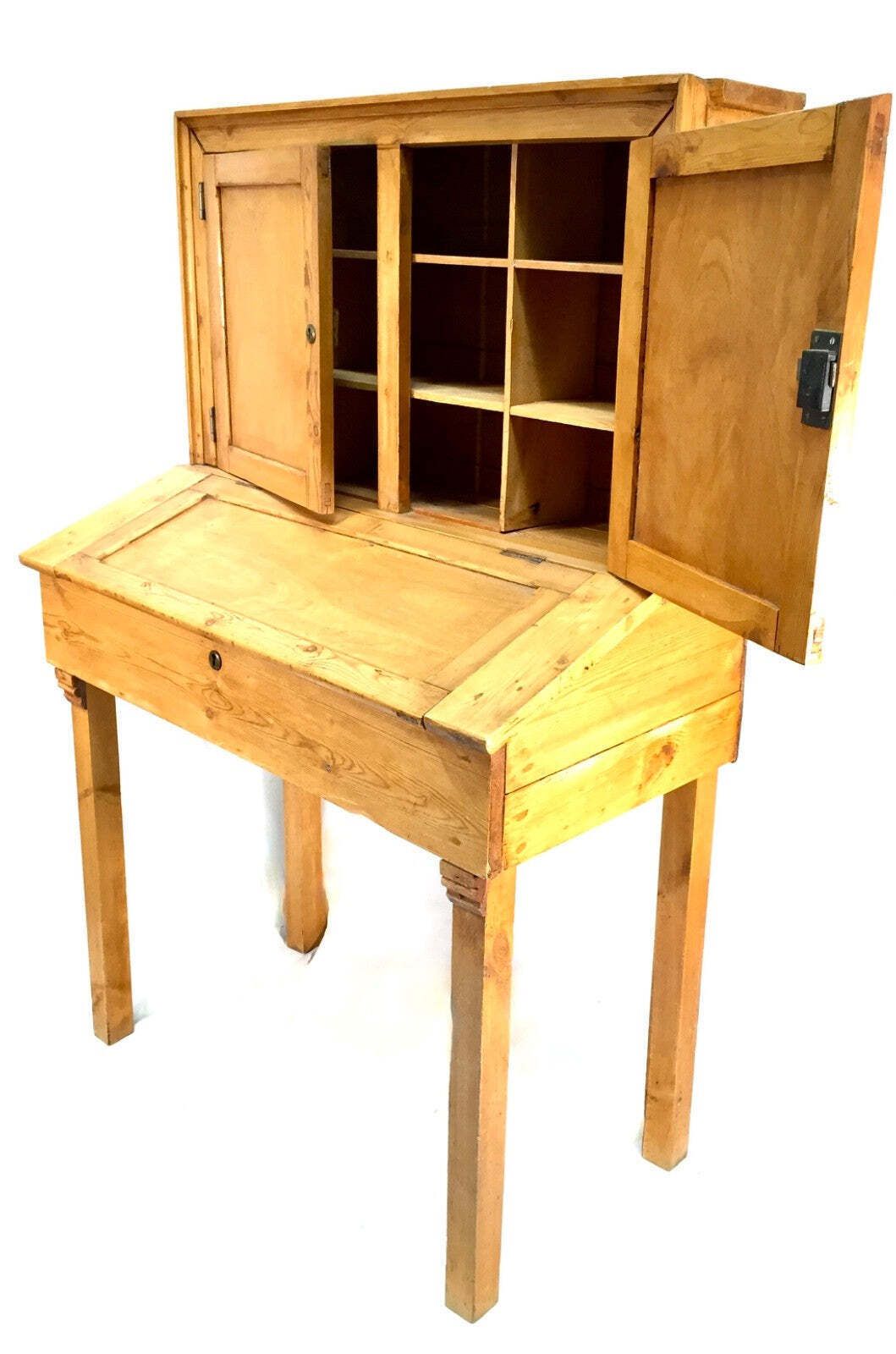 Antique French Pine Wooden Clerks Shop Desk / Storage Cabinet With Key C.1900 photo for sale