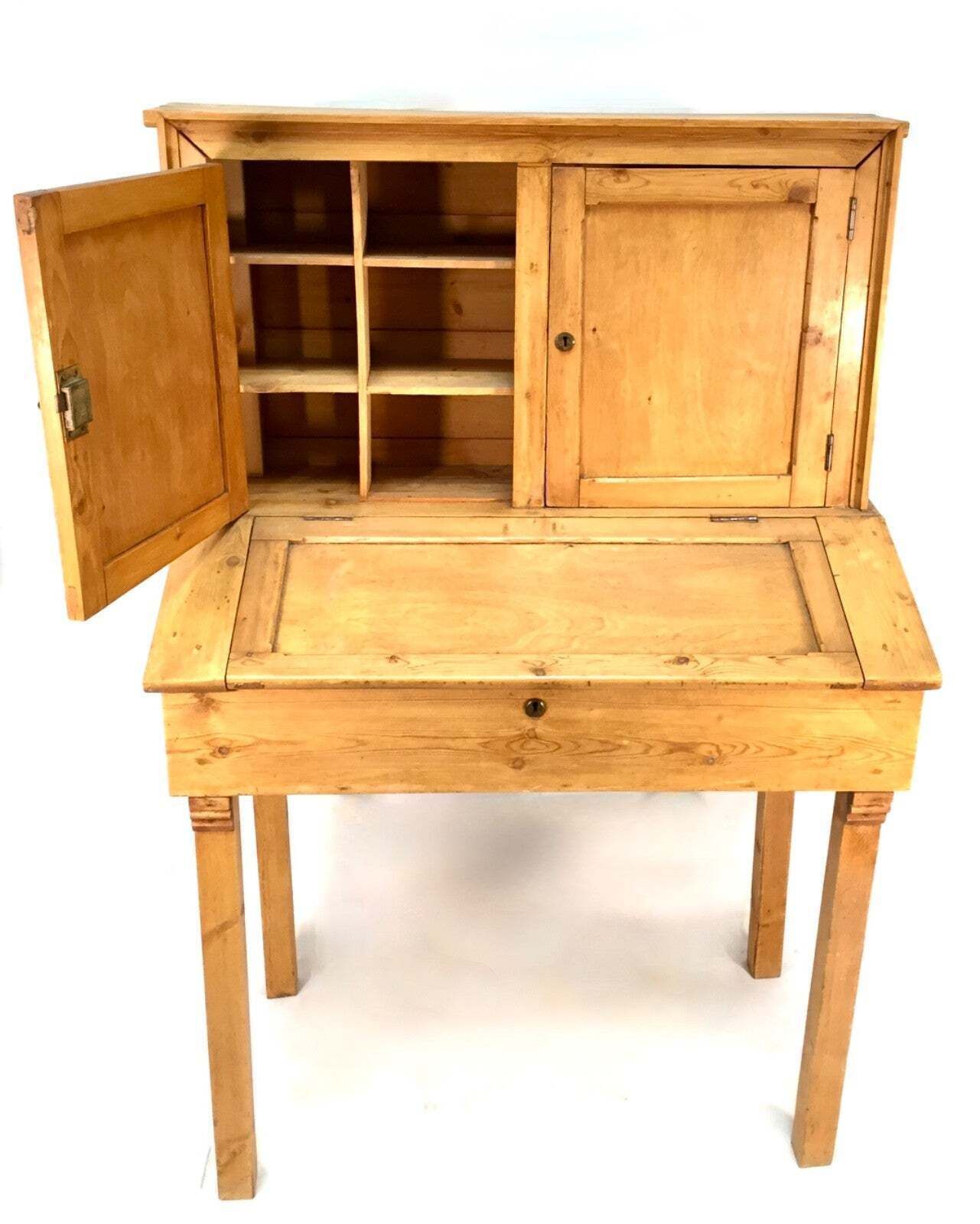 Antique French Pine Wooden Clerks Shop Desk / Storage Cabinet With Key C.1900 photo vinterior