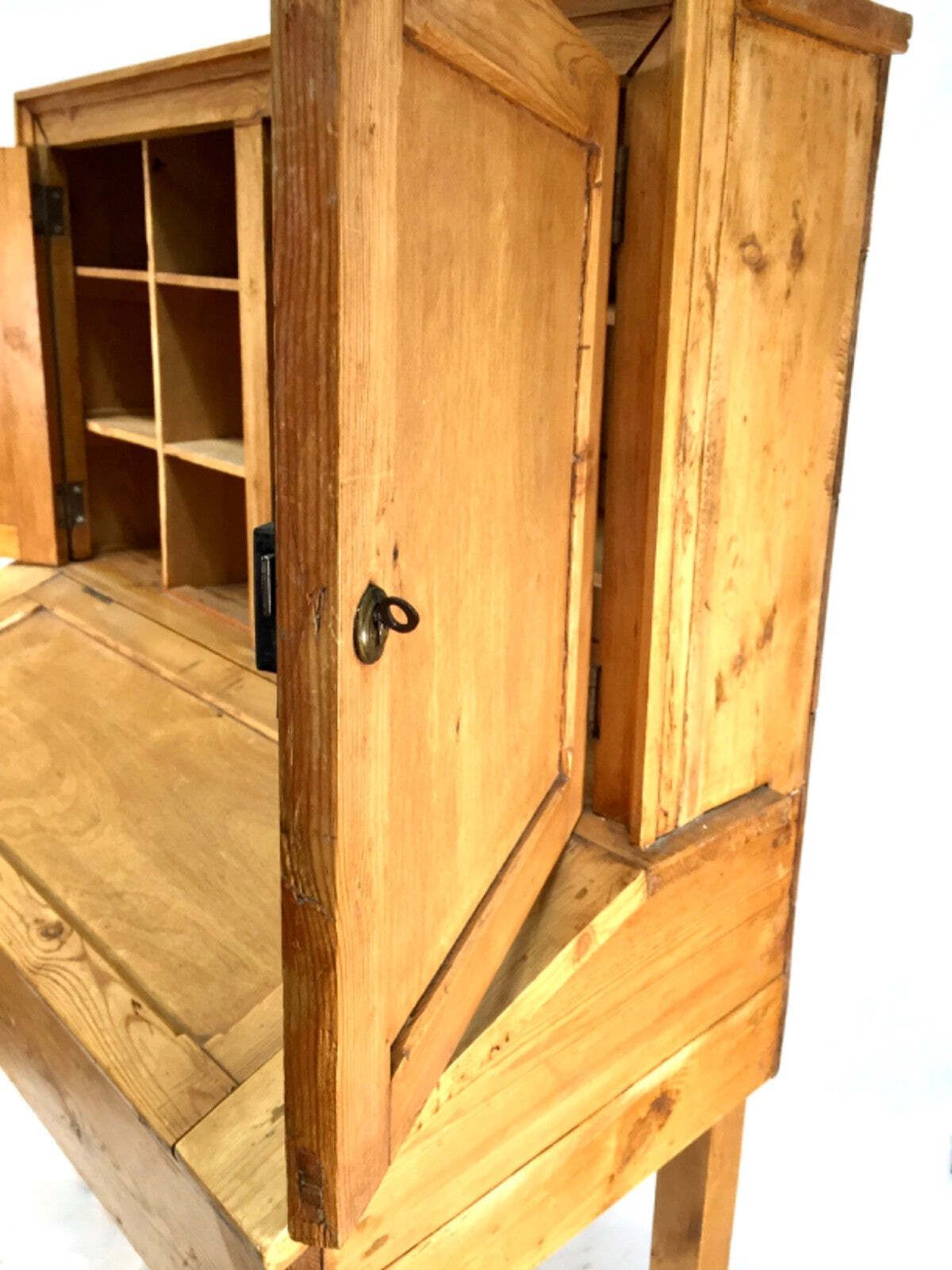Antique French Pine Wooden Clerks Shop Desk / Storage Cabinet With Key C.1900 photo vintage