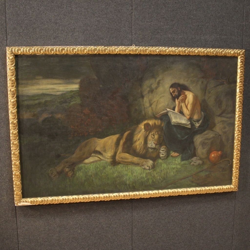 Italian Religious Painting Saint Jerome With Lion From 20th Century photo 2000.0
