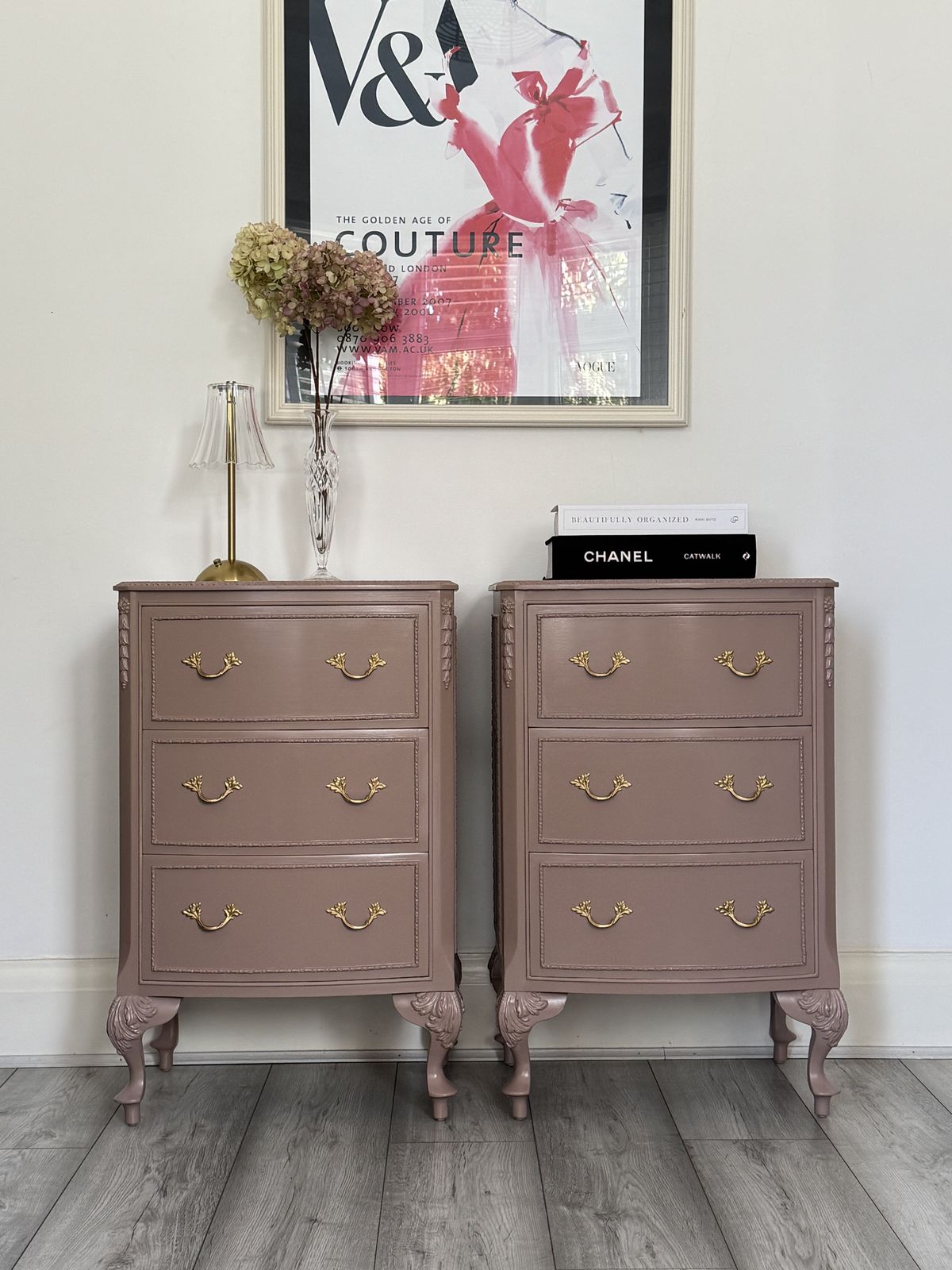 Olympus, French Bedside Cabinets, Bedside Tables, Chest Of Drawers Hand Painted In Damask, Dusty Pink photo furniture