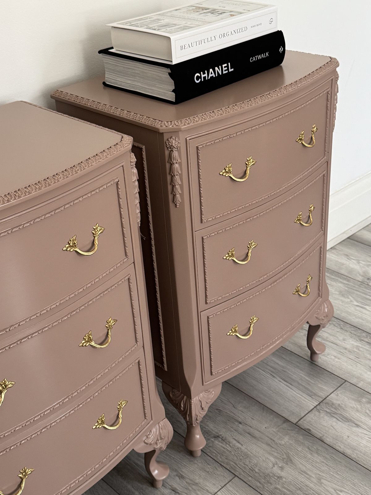 Olympus, French Bedside Cabinets, Bedside Tables, Chest Of Drawers Hand Painted In Damask, Dusty Pink photo 890.0