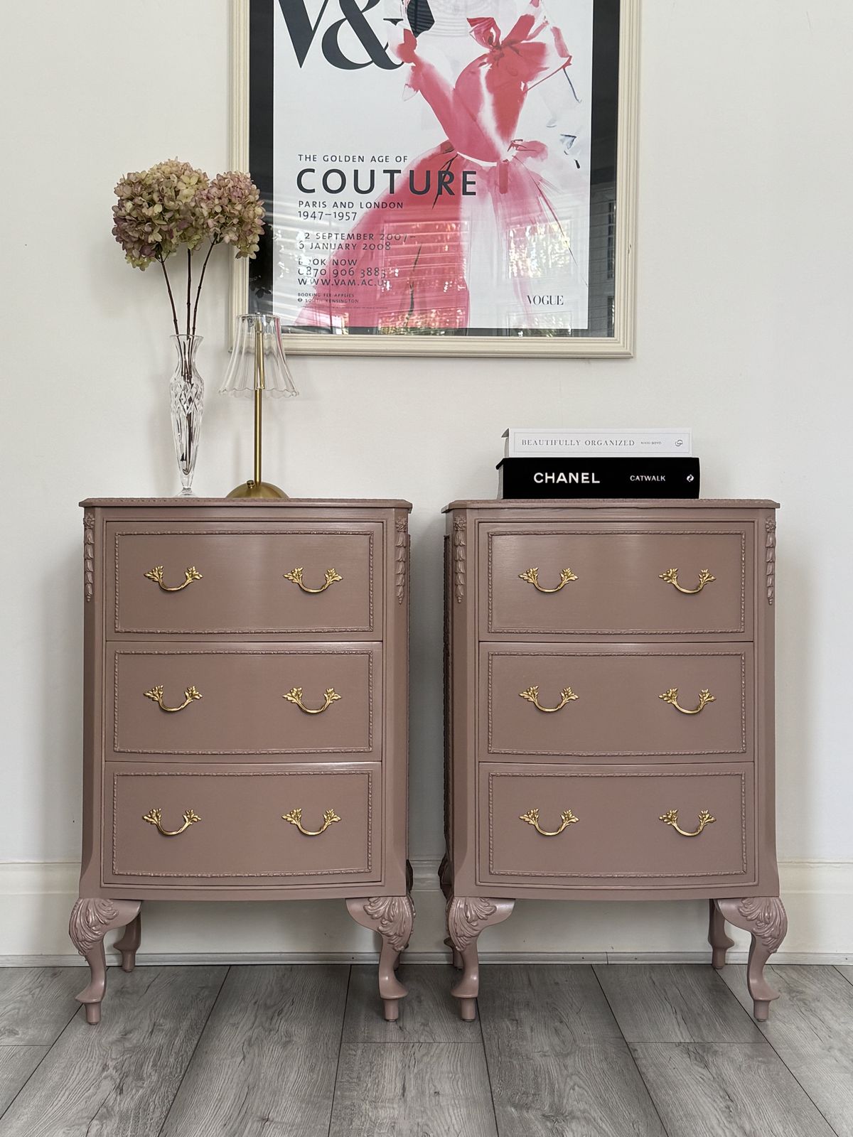 Olympus, French Bedside Cabinets, Bedside Tables, Chest Of Drawers Hand Painted In Damask, Dusty Pink