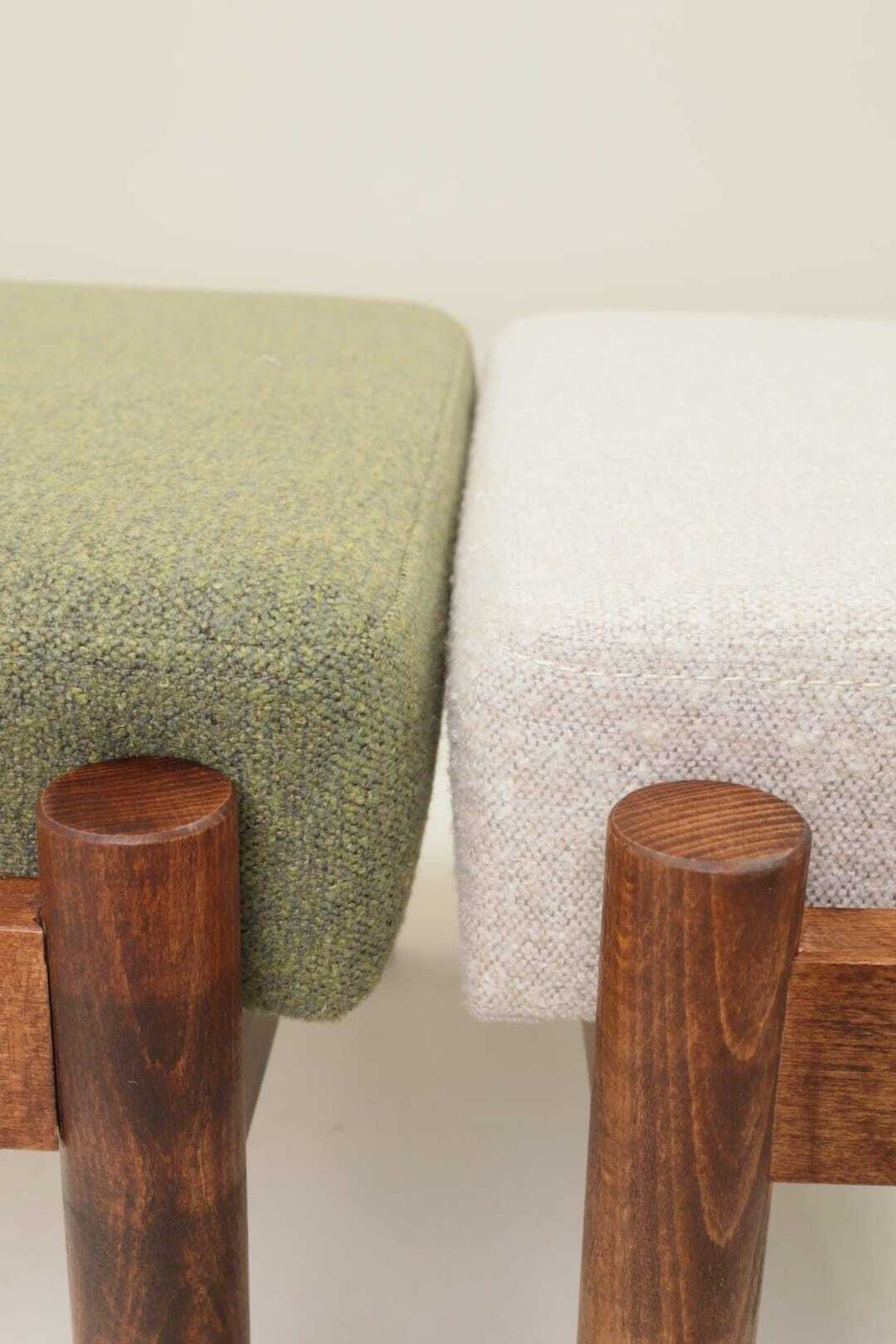 Set Two Footrest In Vintage Style, Boucle Upholstery, Wooden Pouffe photo vintage