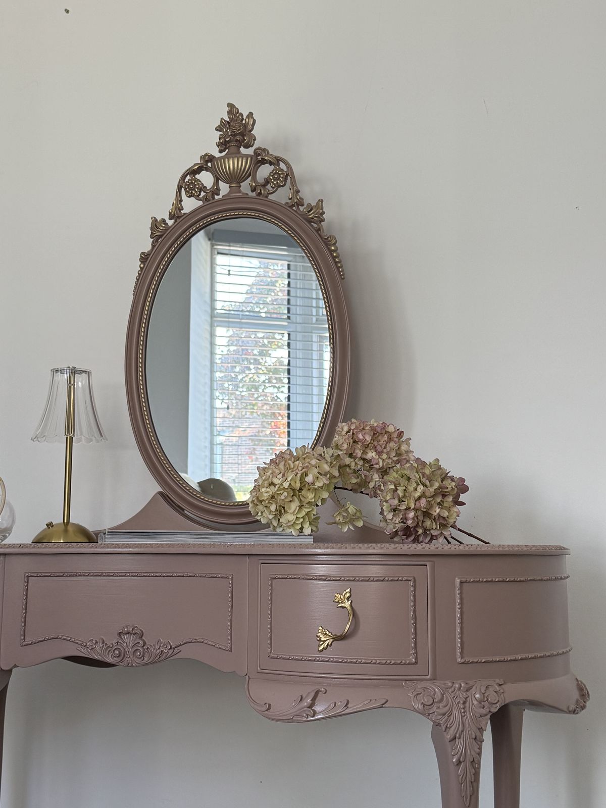 photo furniture French Romantic Olympus Dressing Table, Hand Painted In Dusty Pink From Fusion Mineral Paint   Damask