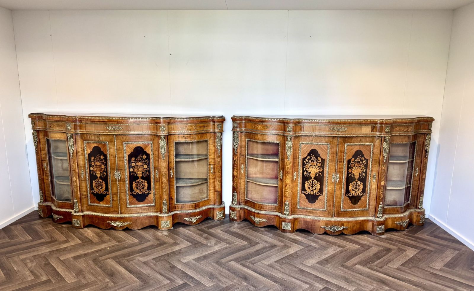 Exceptional Quality Pair Of Antique Walnut Marquetry Inlaid Credenzas