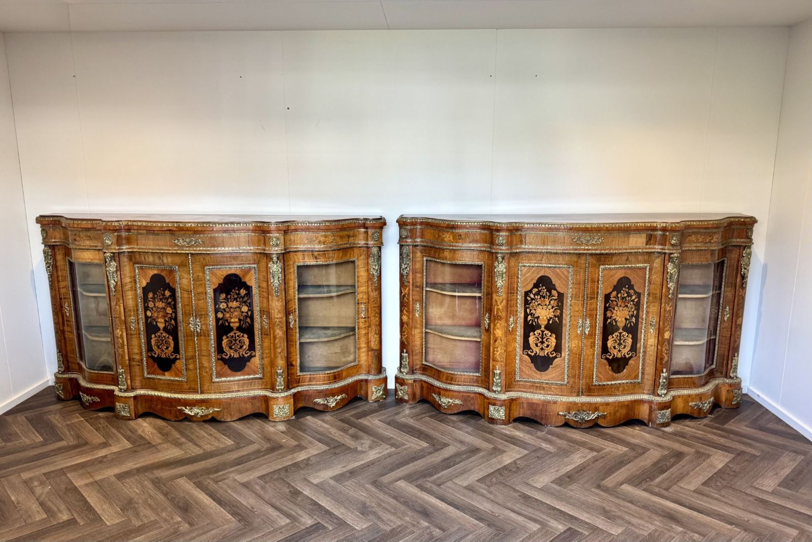Exceptional Quality Pair Of Antique Walnut Marquetry Inlaid Credenzas photo for sale