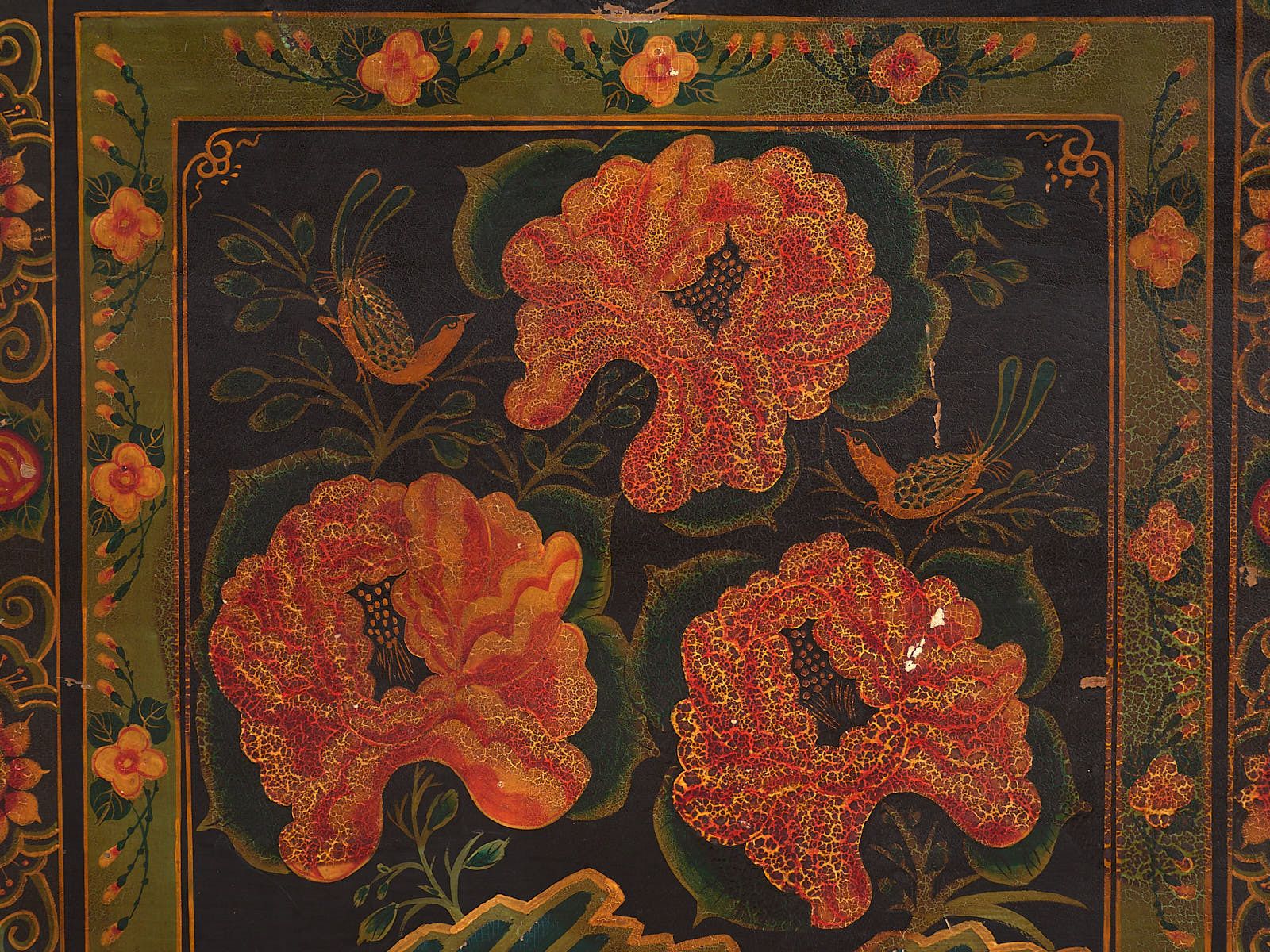 Antique Wooden Box With Illustrations Of Peonies (China, C.1900) #5 photo Furniture