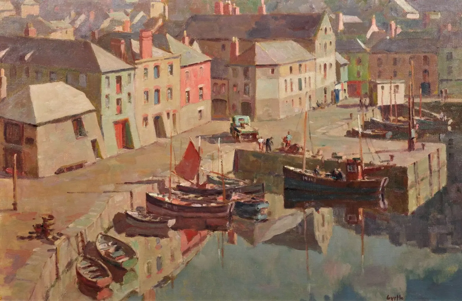 Gyrth Russell 1892 To 1970. Canadian. Before The Hot Day Brightens To Blue (Mevagissey Harbour, Cornwall). Framed Cornish Landscape Oil Painting. photo furniture