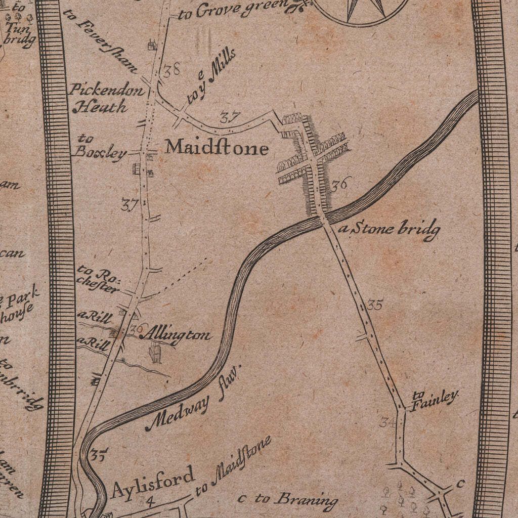 Antique Road Map, London To Hythe, Kent, English, Cartography, John Ogilby, 1675 photo vintage