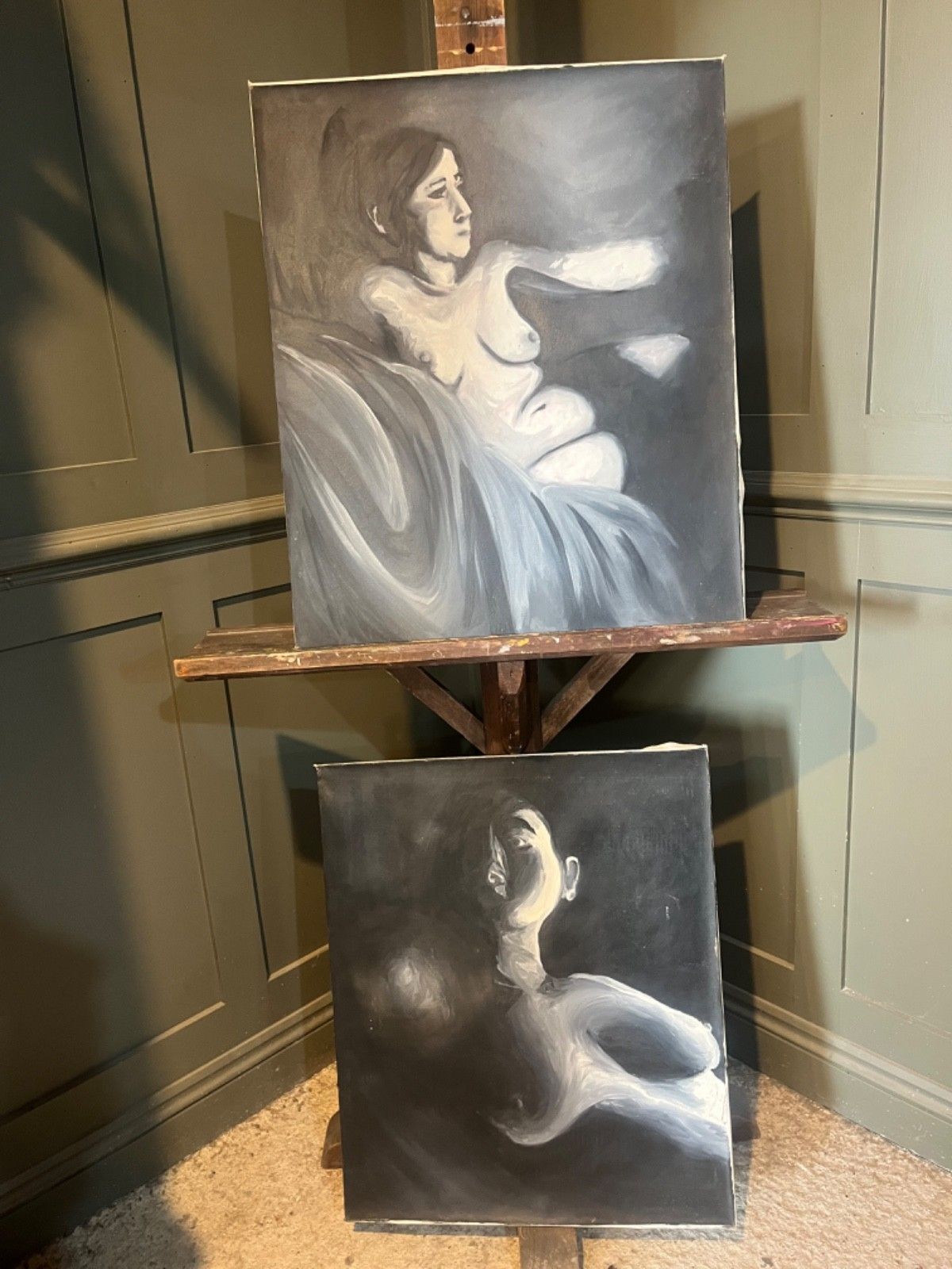 Female Nudes Oil Paintings Monochrome Pair On Canvas photo for sale
