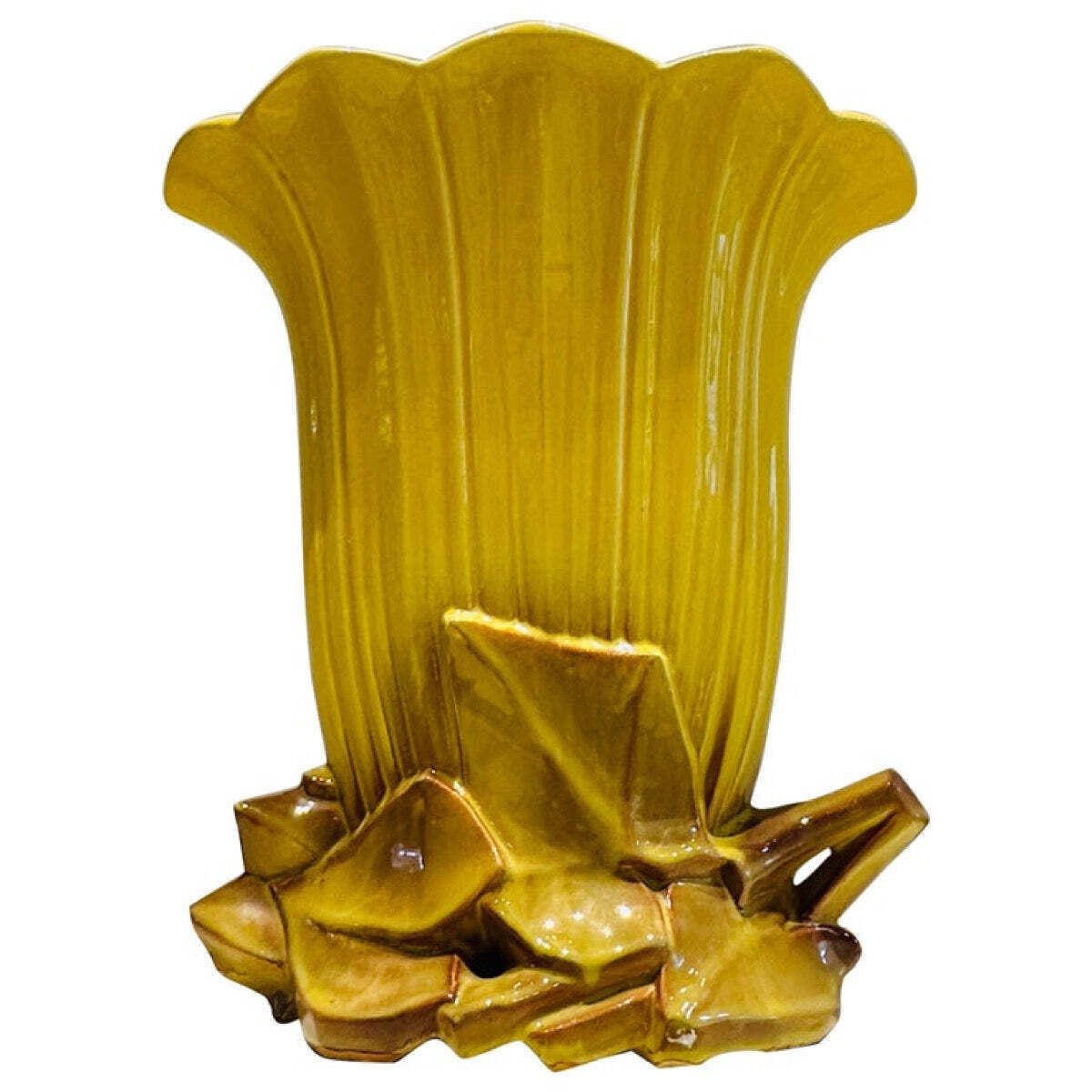 Vintage 1950s Mccoy USA Pottery Yellow & Gold Glazed Tulip Fan Vase