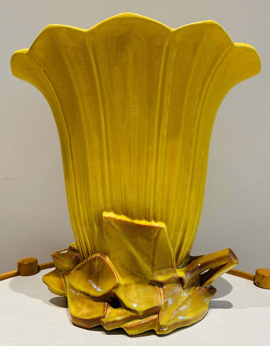 photo furniture Vintage 1950s Mccoy USA Pottery Yellow & Gold Glazed Tulip Fan Vase