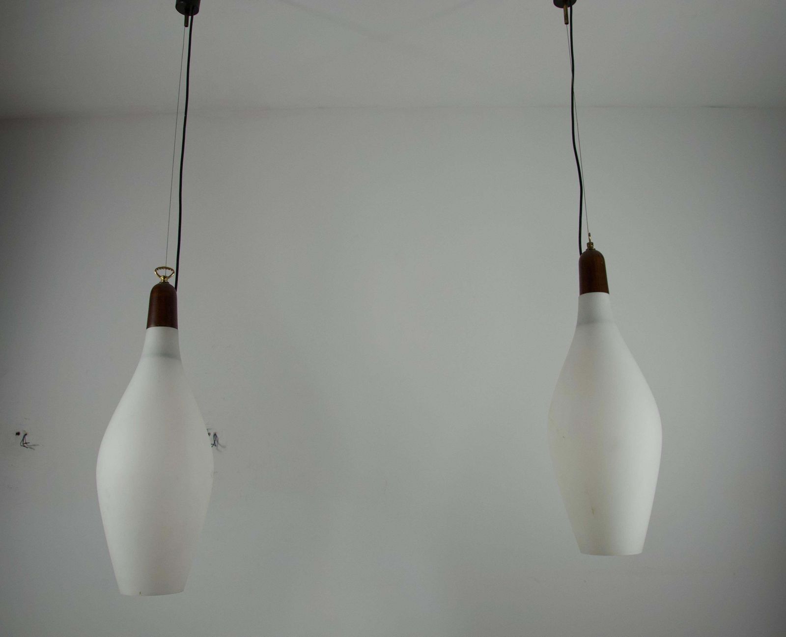 Pair Of Mid Century Teak And Opal Glass Pendant Lamps, Italy, 1960s photo for sale