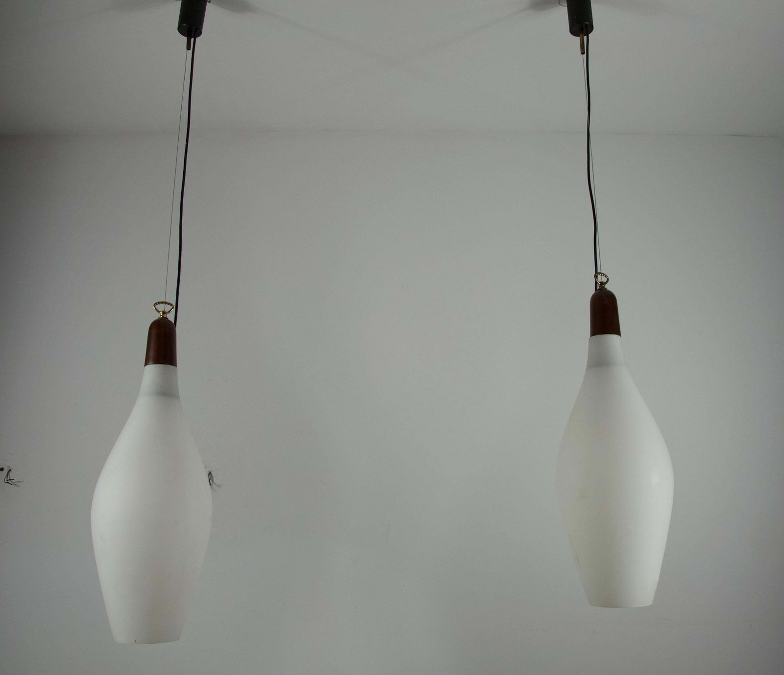 Pair Of Mid Century Teak And Opal Glass Pendant Lamps, Italy, 1960s photo Lighting