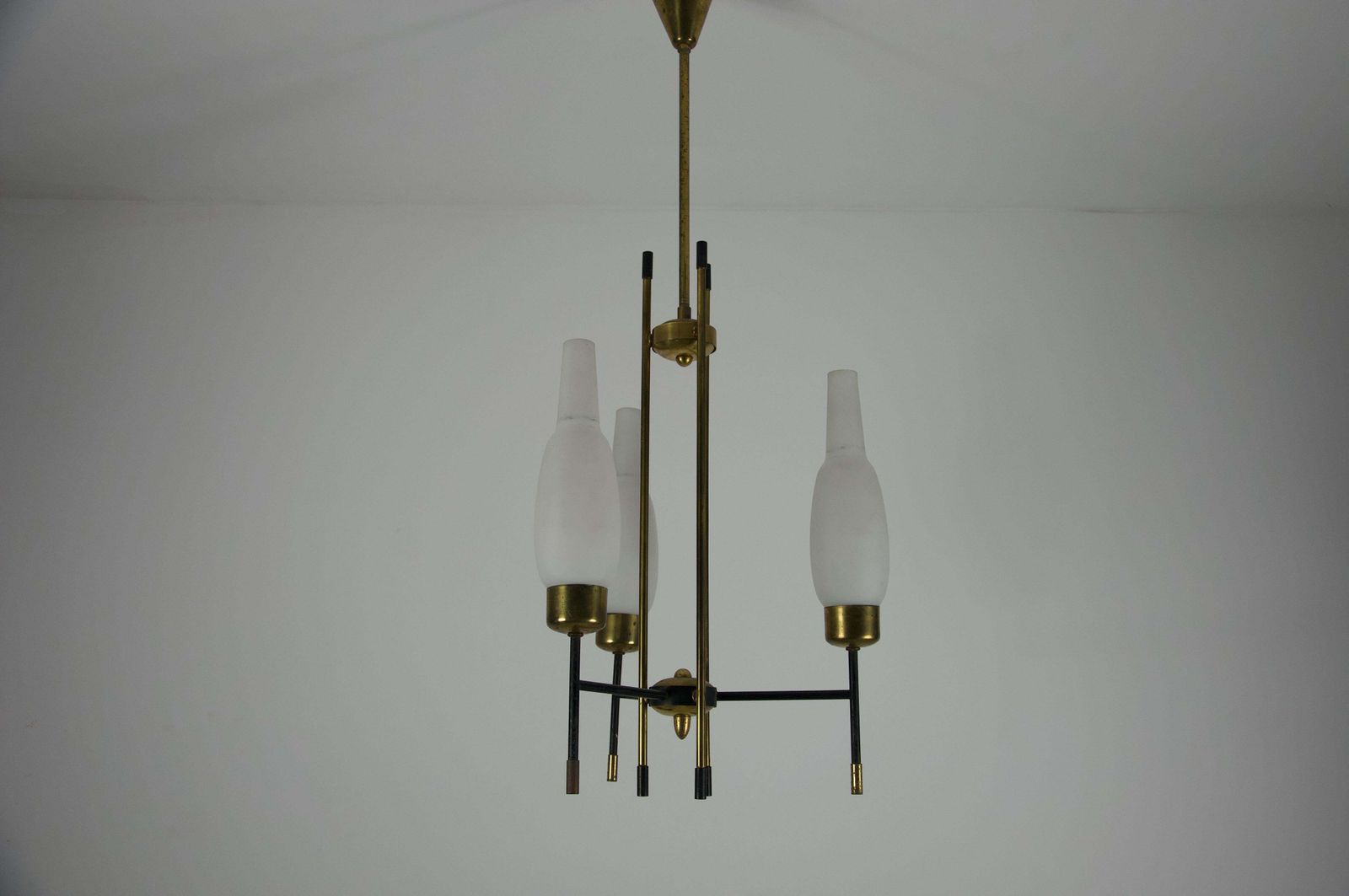 Stilnovo Brass And Opal Glass Chandelier, Italy, 1960s photo Lighting