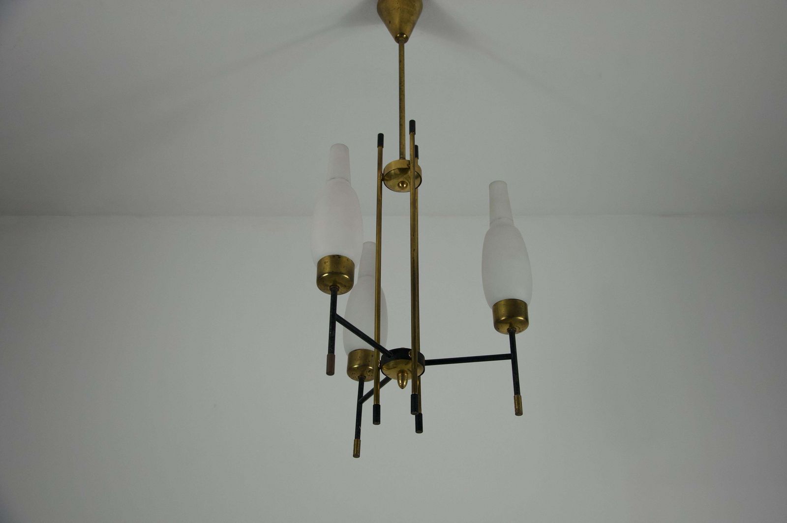 Stilnovo Brass And Opal Glass Chandelier, Italy, 1960s photo vintage