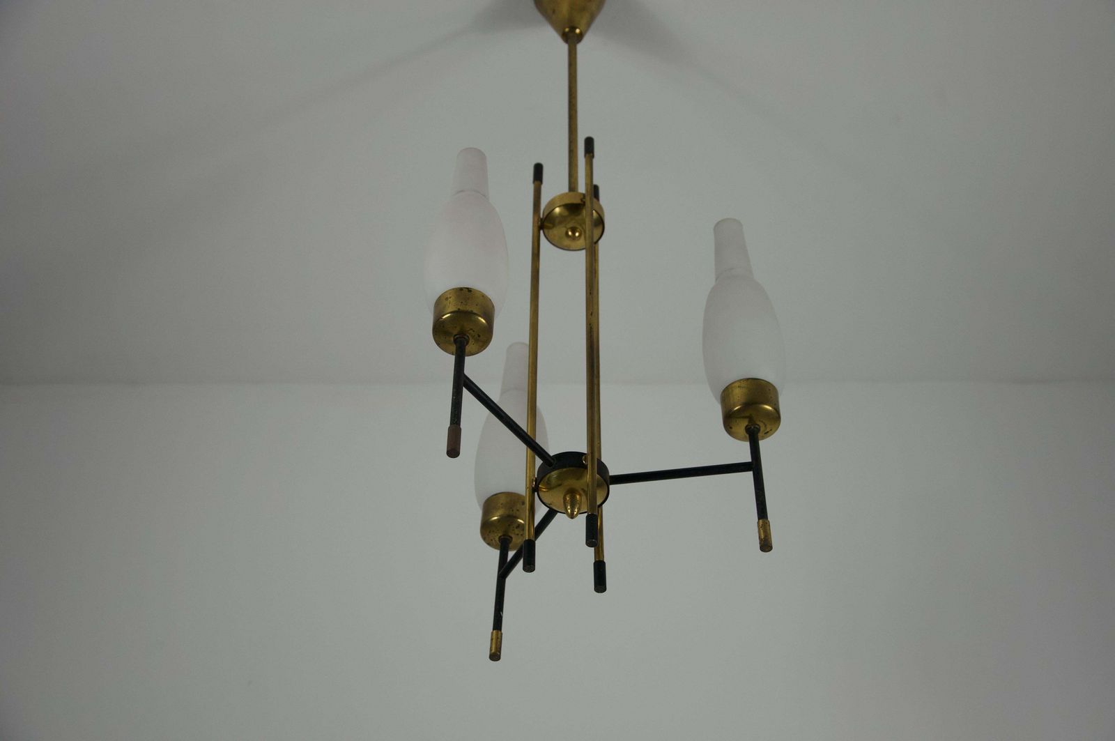photo furniture Stilnovo Brass And Opal Glass Chandelier, Italy, 1960s