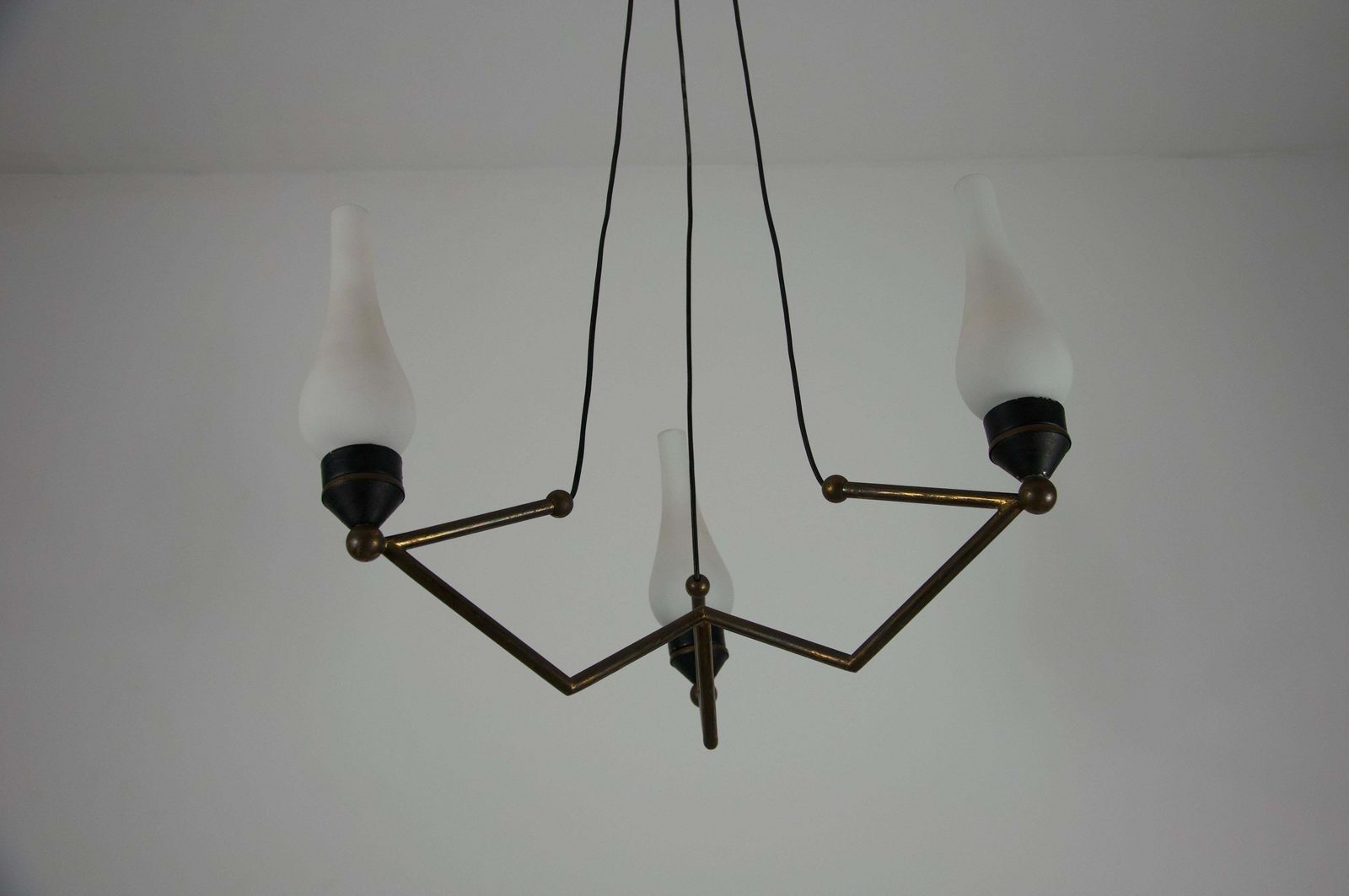 Stilnovo Brass And Opal Glass Chandelier, Italy, 1960s photo for sale