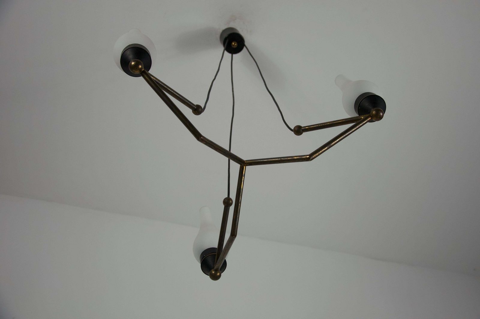 Stilnovo Brass And Opal Glass Chandelier, Italy, 1960s photo vintage