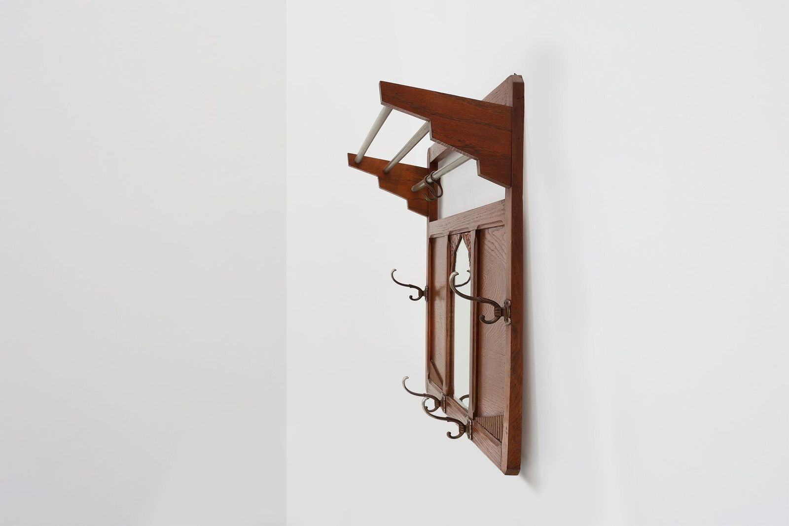 Art Deco Oak Carved Wall Coat Rack With Mirror, France, 1920s photo vinterior