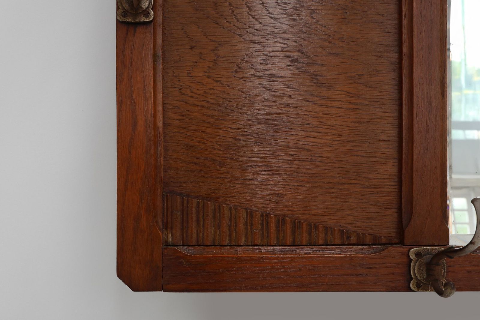 Furniture Art Deco Oak Carved Wall Coat Rack With Mirror, France, 1920s photo