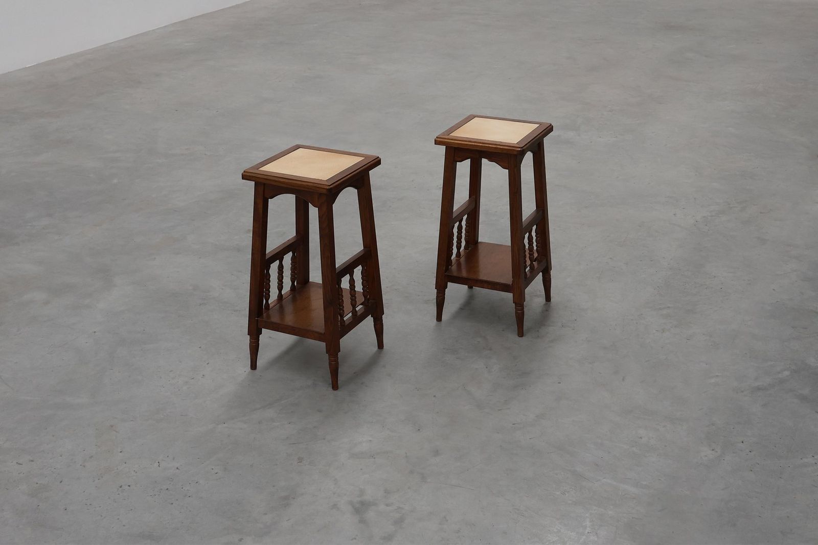 photo for sale 20th Century Rustic Wooden Side Tables With Ceramic Tile Top, France, 1940s, Set Of 2