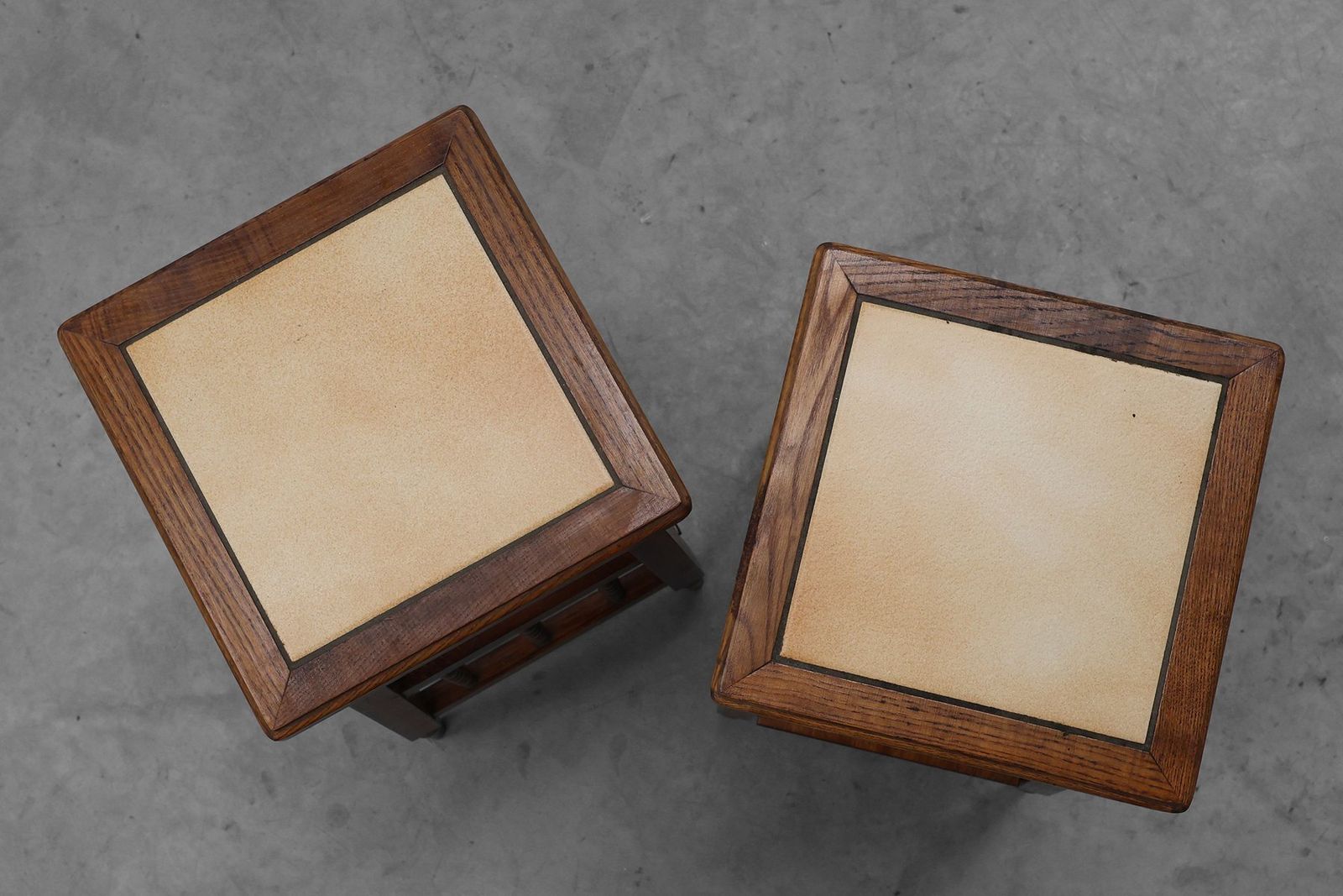 photo buy 20th Century Rustic Wooden Side Tables With Ceramic Tile Top, France, 1940s, Set Of 2